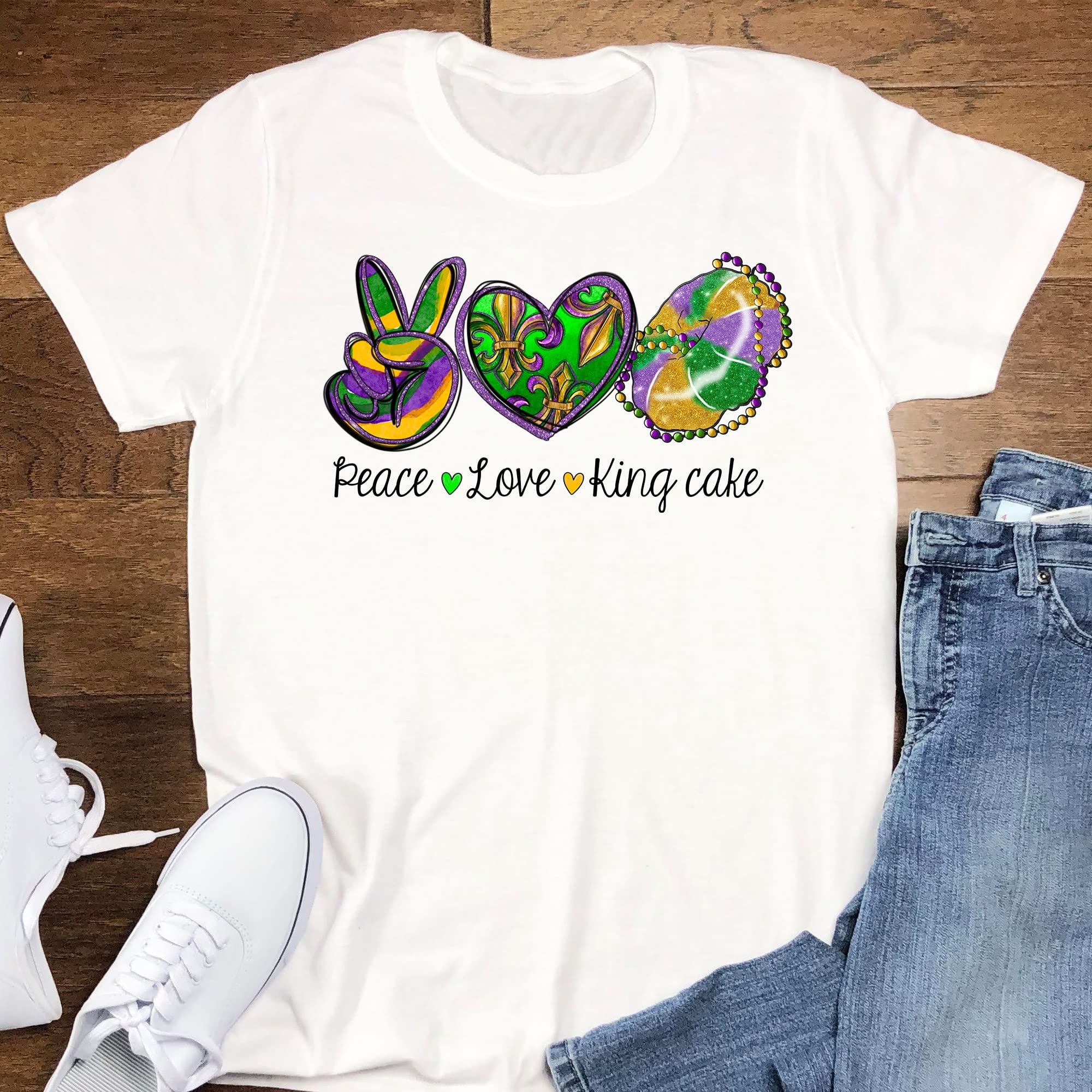 Peace Love King Cake Mardi Gras T-Shirt - Festive Mardi Gras Party Tee for Carnival Celebrations, Parades & King Cake Parties