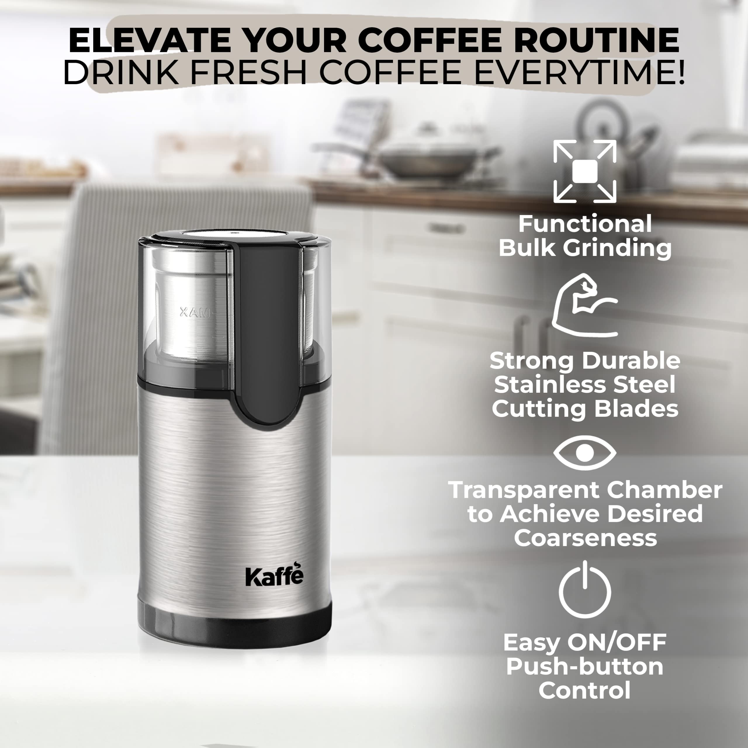 Premium Stainless Steel Electric Coffee Grinder with Removable Cup (3.5oz) - Includes Cleaning Brush - Espresso & Coffee Bean Grinder for Home, Office & Travel - Perfect for French Press, Pour Over & Cold Brew - Silver