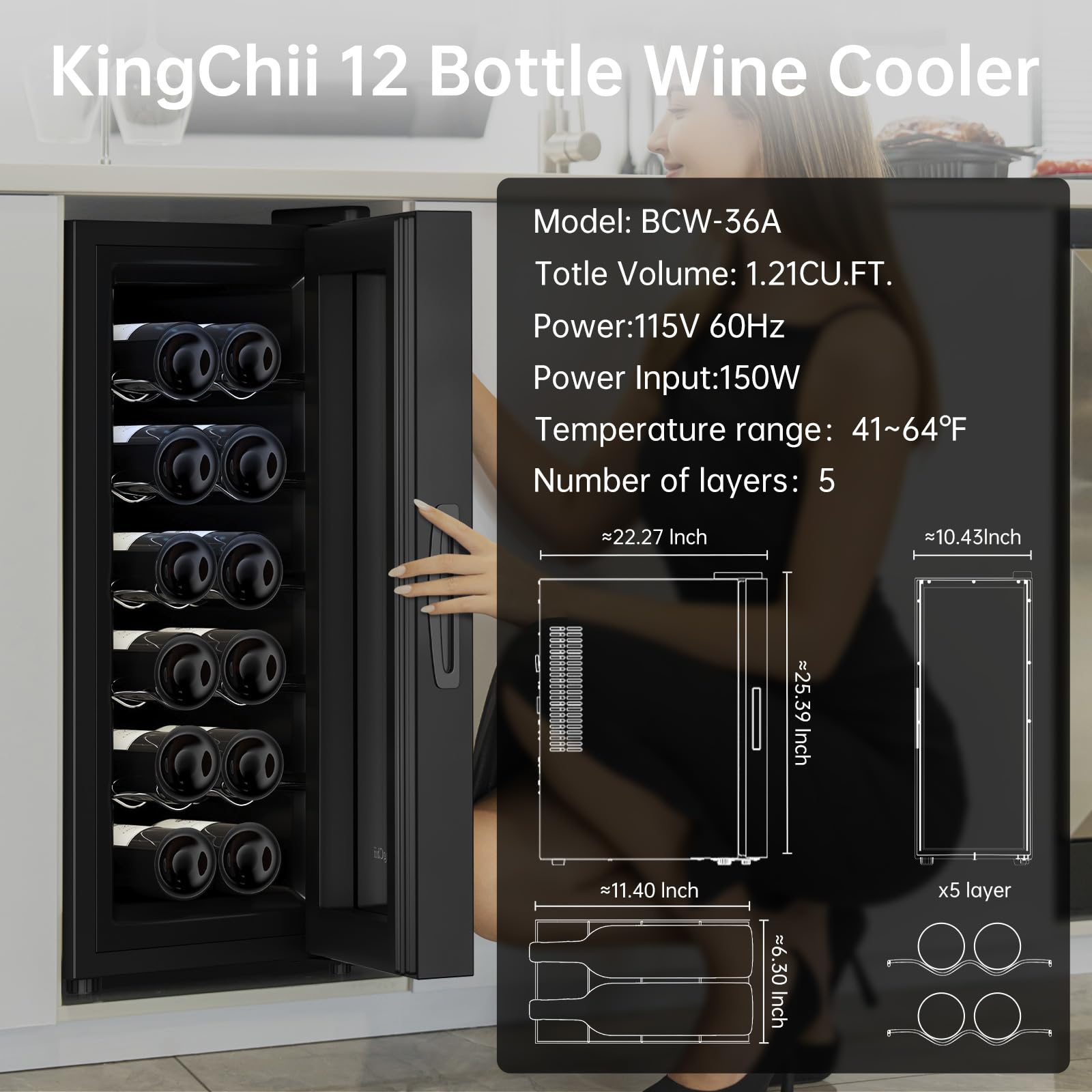 KingChii 12 Bottle Thermoelectric Wine Cooler Refrigerator - Advanced Cooling Technology, Stainless Steel & Tempered Glass Design for Red Wine and Champagne Storage - Perfect for Home, Kitchen, Office, or Restaurant Use