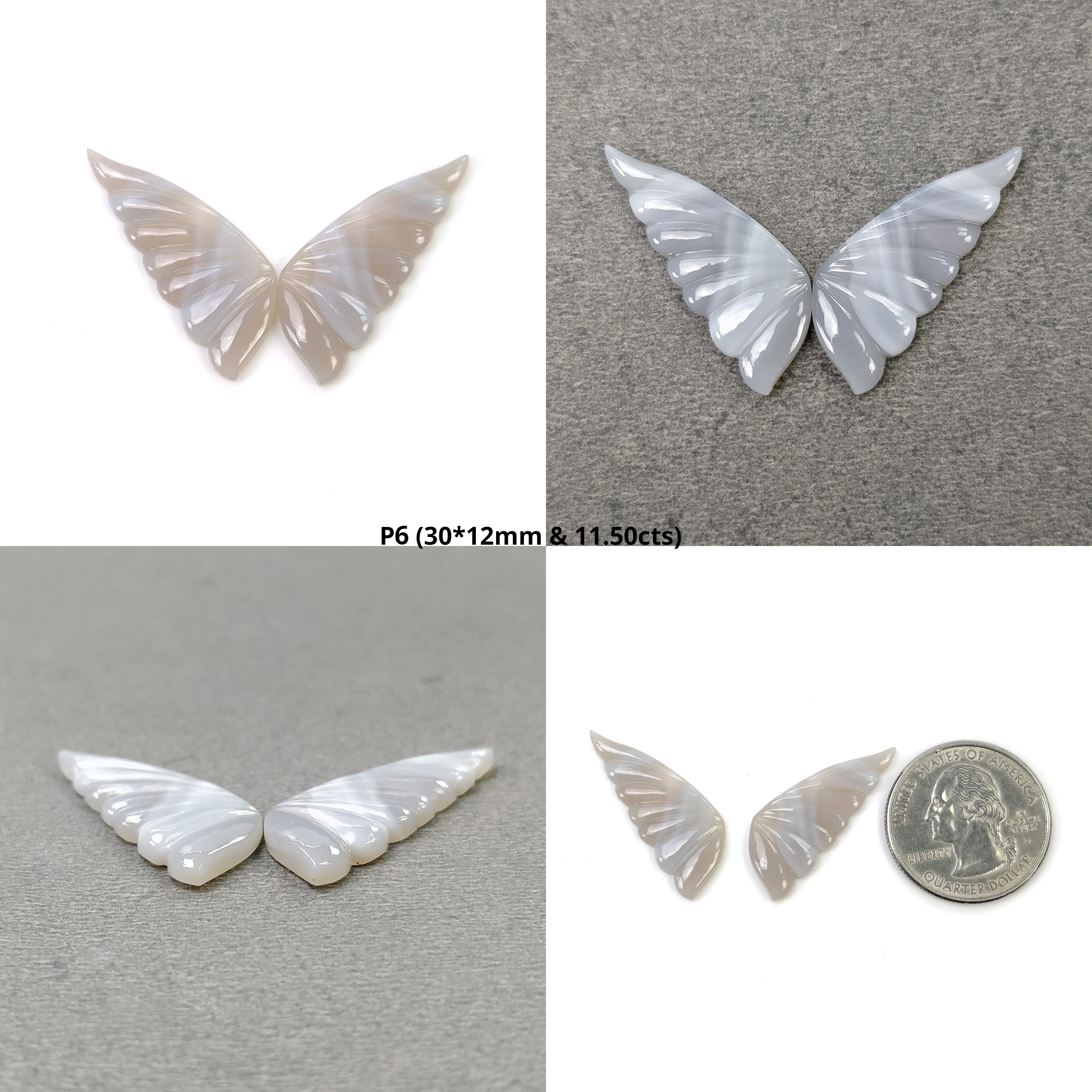Natural Untreated Botswana Striped Agate Gemstone Carving - Hand Carved Bi-Color Agate Butterfly Pair (27x12mm & 31x11mm) | Unique Jewelry Making Supplies, Crystal Healing, Meditation & Gift Idea