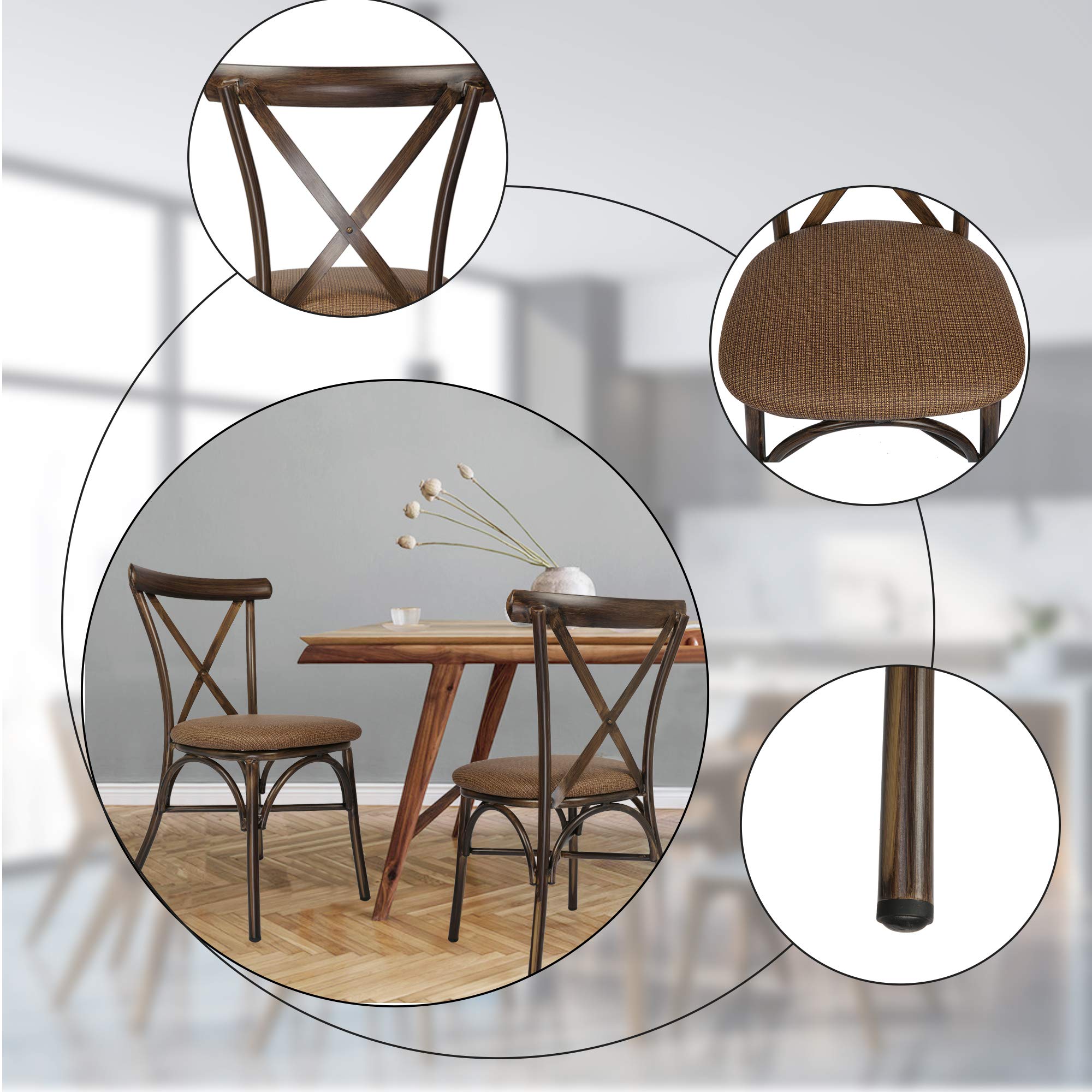 LUCKYERMORE 2-Piece Upholstered Dining Chair Set - Sturdy PU Leather Kitchen Chairs with X-Shape Back & Aluminum Frame - Modern Indoor/Outdoor Dining Room Chairs with Brown Cushion - Perfect for Kitchen, Dining Room, Patio or Outdoor Entertaining