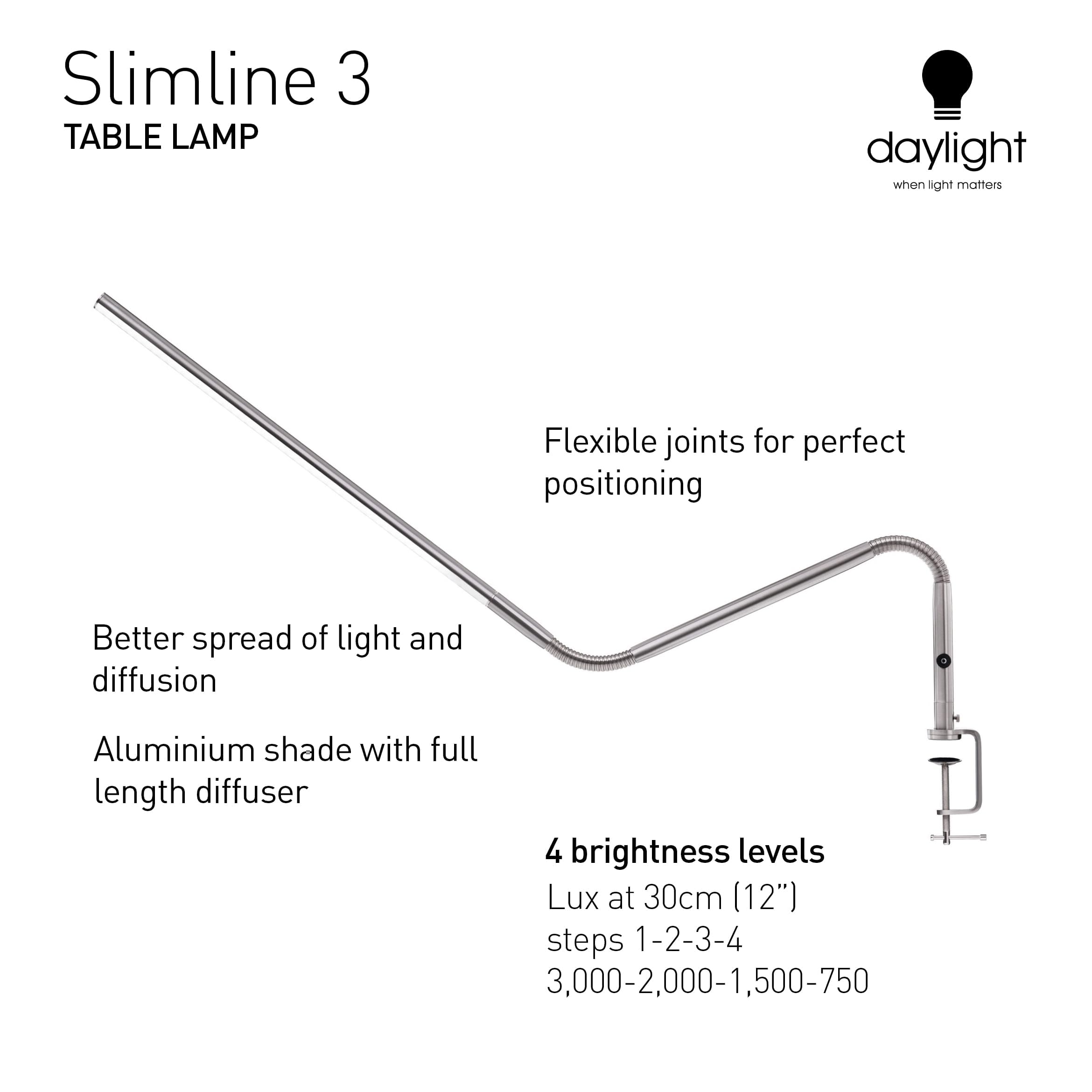 Daylight Company Slimline 3 LED Desk Lamp - Touch Dimmable Table Light, 13W White for Sewing, Needlework, Quilting, Nail Art, Permanent Makeup & Reading | Perfect for Craft Rooms, Home Office & Art Studios