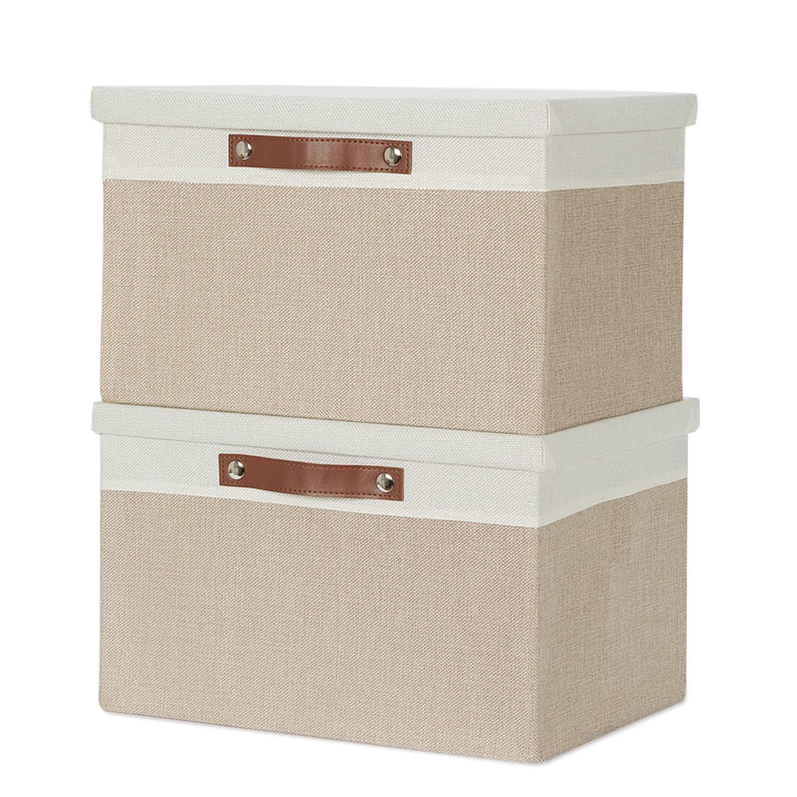 Foldable Fabric Storage Bins with Lids [2-Pack] - Large 15x11x9.5 Inch Organizing Baskets for Home, Closet, Nursery & Office (White & Khaki) - Space-Saving Storage Solution for Toys, Blankets & Seasonal Items