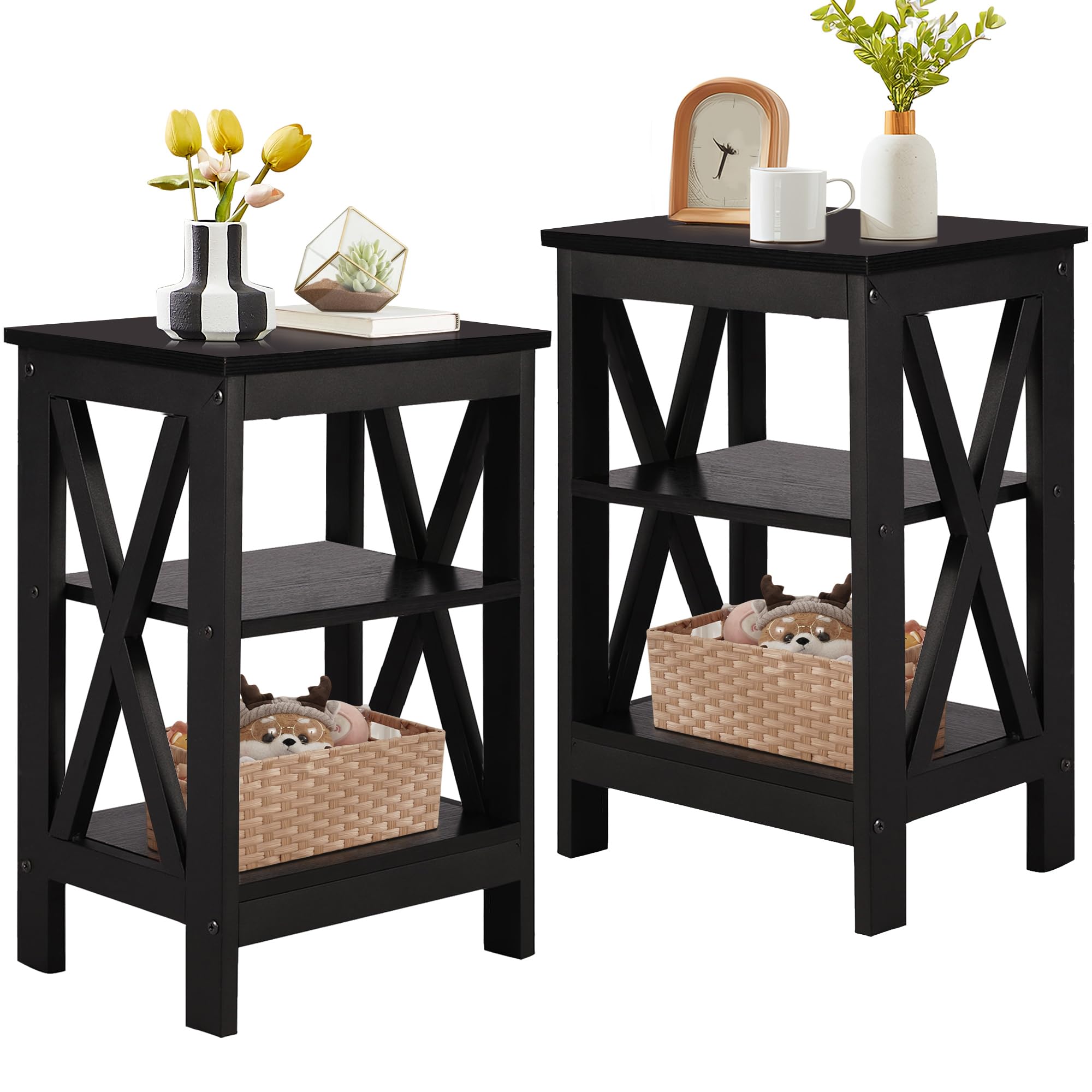 VECELO Modern Nightstand Set of 2 - X-Design Bedside Table with Storage Shelf for Bedroom & Living Room - Black End Tables for Small Spaces, Apartment Decor, Guest Room Furniture