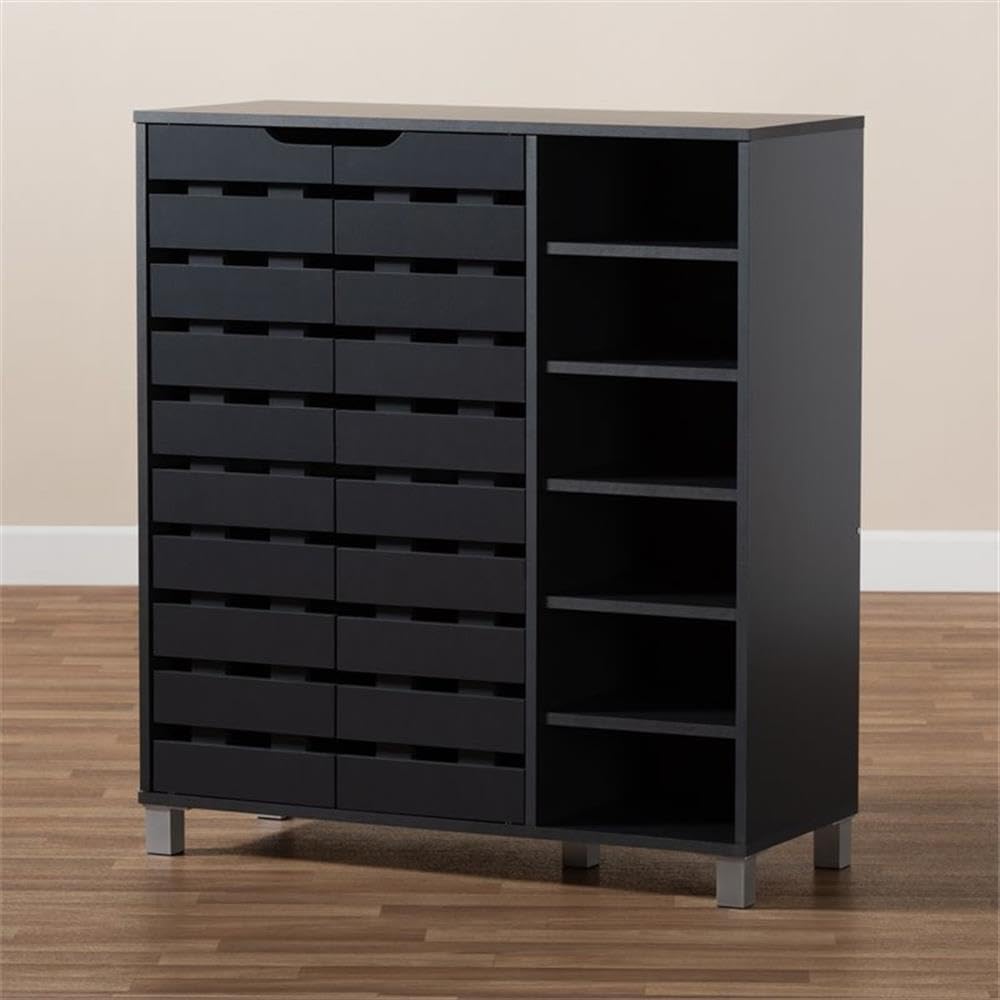 BOWERY HILL Modern Dark Grey 2-Door Wooden Shoe Storage Cabinet with Open Shelves - Organize Entryway, Bedroom or Closet - Space Saving Shoe Rack for Home & Office