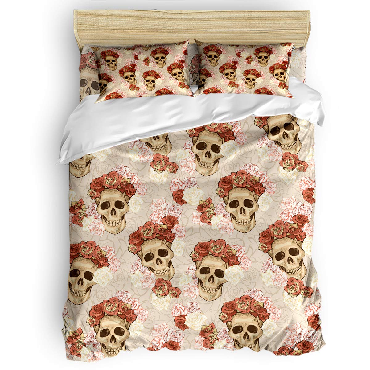 **Cute Skull and Flower Printed Queen Duvet Cover Set for Kids & Adults - Pink Bedding Set Includes 1 Comforter Cover, 1 Flat Sheet & 2 Pillowcases - Perfect for Girls, Boys & Teen Bedrooms**