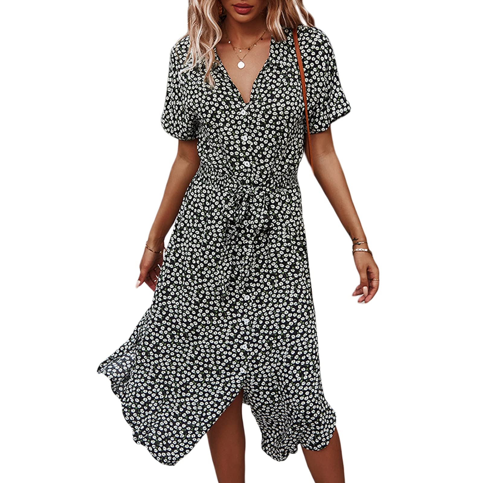Women's Floral Print Short Sleeve Button Down Midi Dress with Belt - Casual Loose Fit Shirt Dress for Summer, Office & Date Night
