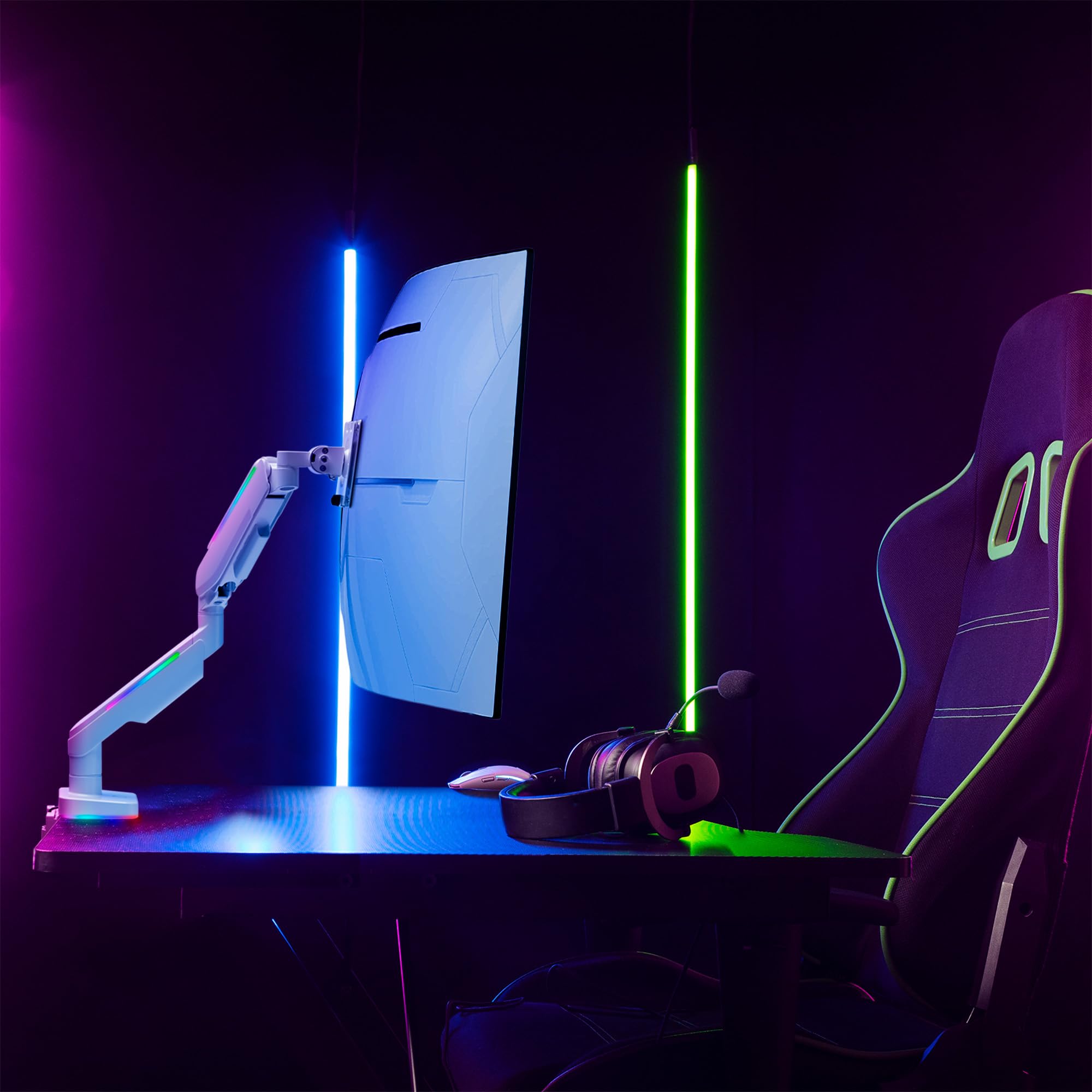 AVLT RGB Gaming Monitor Arm Stand - Adjustable Height, Swivel & Tilt for 17-43 inch Flat/Curved/Ultrawide Screens (Up to 44lbs/20kg) - White | Perfect for Home Office, Streaming Setup & Esports Gaming