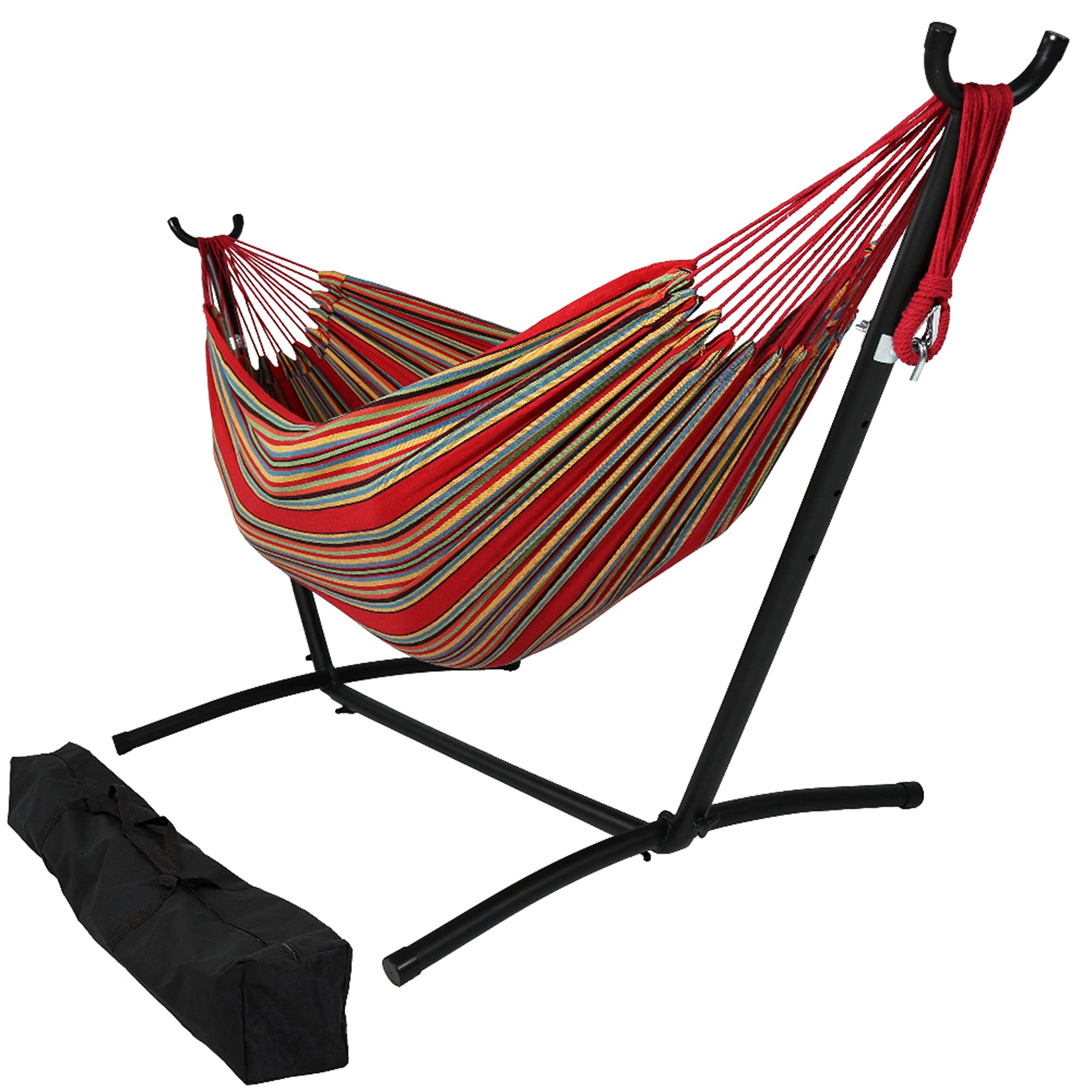 Premium Double Brazilian Hammock with Stand - 400lb Weight Capacity - Includes Carrying Case - Black Steel Frame - Sunset Design - Perfect for Backyard, Patio, Beach & Camping Relaxation