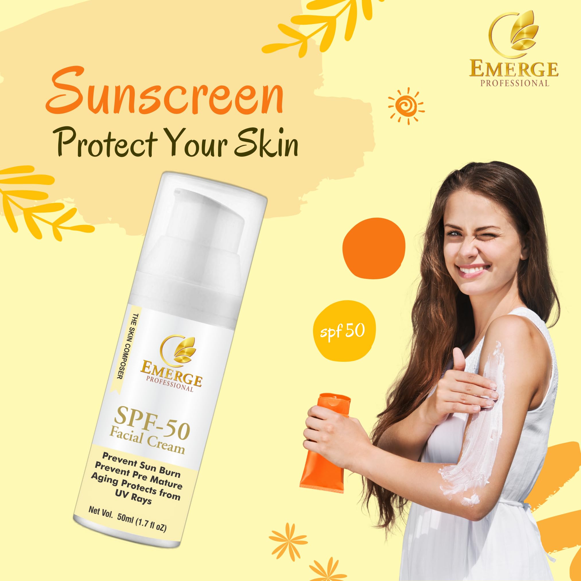 EMERGE Professional SPF-50 Sunscreen Cream for Men & Women - Daily UV Protection, Non-Greasy & Water-Resistant for Outdoor Activities, Beach & Sports