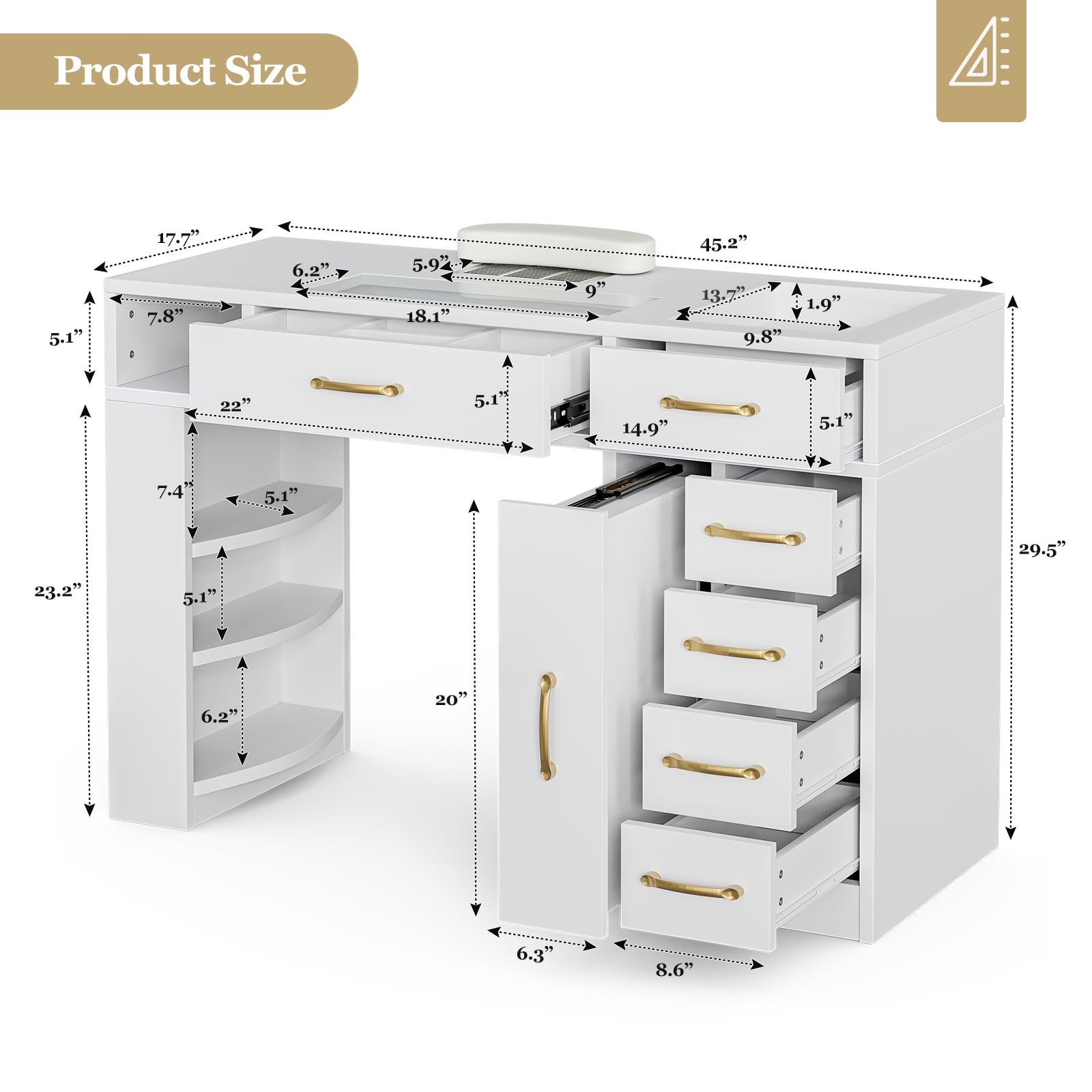 Professional Manicure Table Nail Station for Nail Technicians - Acetone Resistant Glass Top with Built-in Dust Collector - 7 Drawers & 3-Tier Shelves Beauty Workstation - Ergonomic Wrist Cushion & Golden Handles (White) - Perfect for Salon, Spa & Home Nail Art Studio