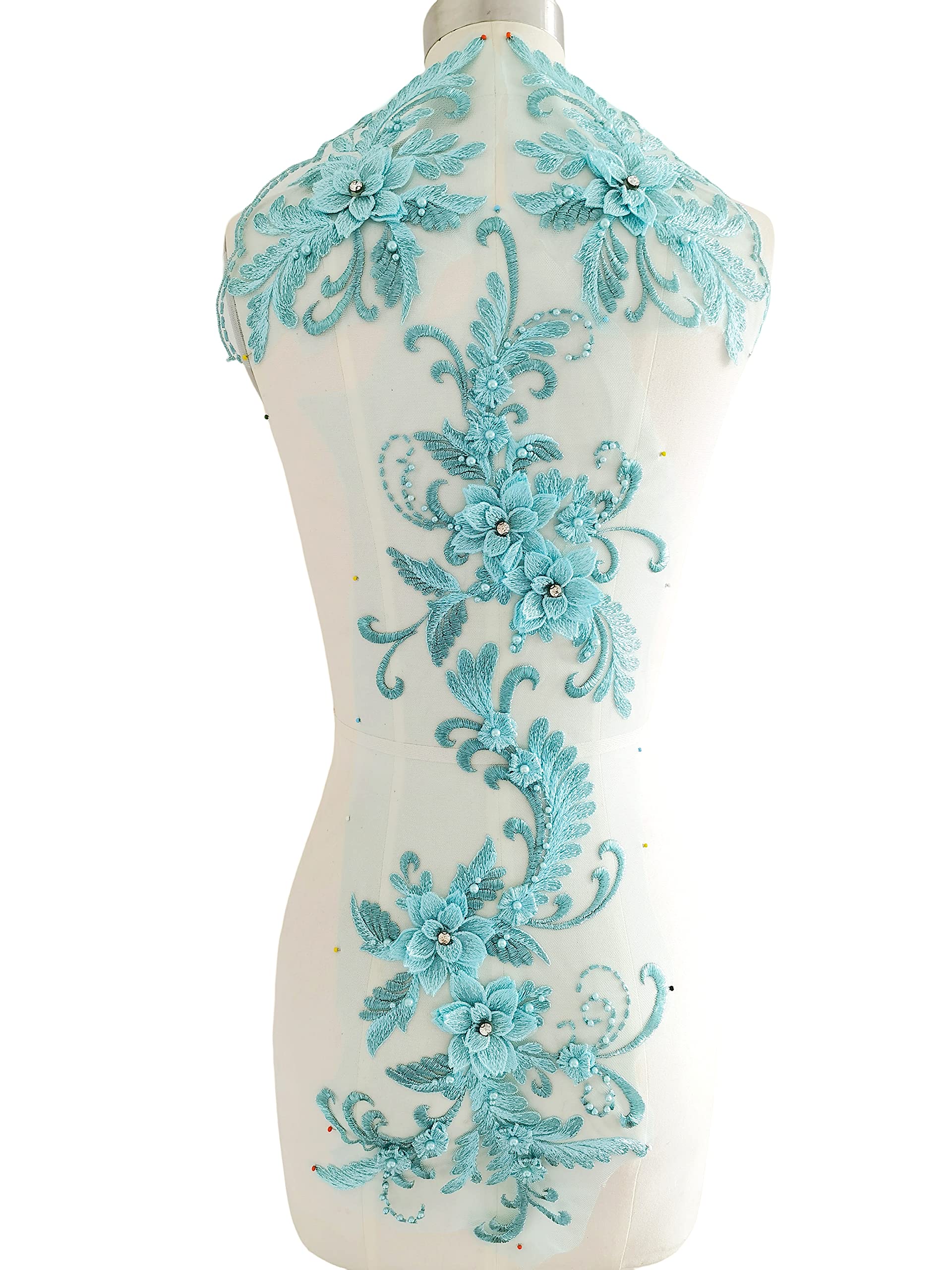 Blue Applique Lace Trim with Beaded 3D Flower for Wedding Dresses, Bridal Gowns & Evening Wear - Aqua Blue Tulle Fabric (Style C1a)