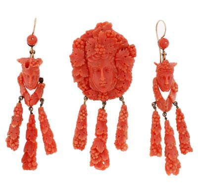 Victorian Style Carved Coral Jewelry Set - Pin, Pendant & Earrings for Women | Antique Inspired Accessories for Weddings, Parties & Vintage Fashion