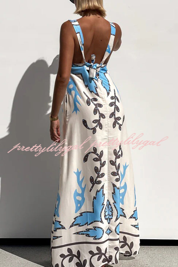 Stylish Square Neck Open Back Lace-Up Flowy Maxi Dress with Unique Print - Perfect for Beach Vacations, Summer Parties & Boho Fashion