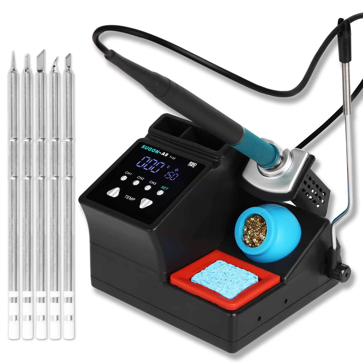 SUGON A8 Digital Soldering Iron Station Kit - Fast Heating to 662°F in 5 Seconds, 110V LCD Display with 5 Soldering Tips & 3 Preset Temperatures (392-842°F/200-450°C) - Perfect for Electronics Repair, DIY Projects, and Circuit Board Soldering