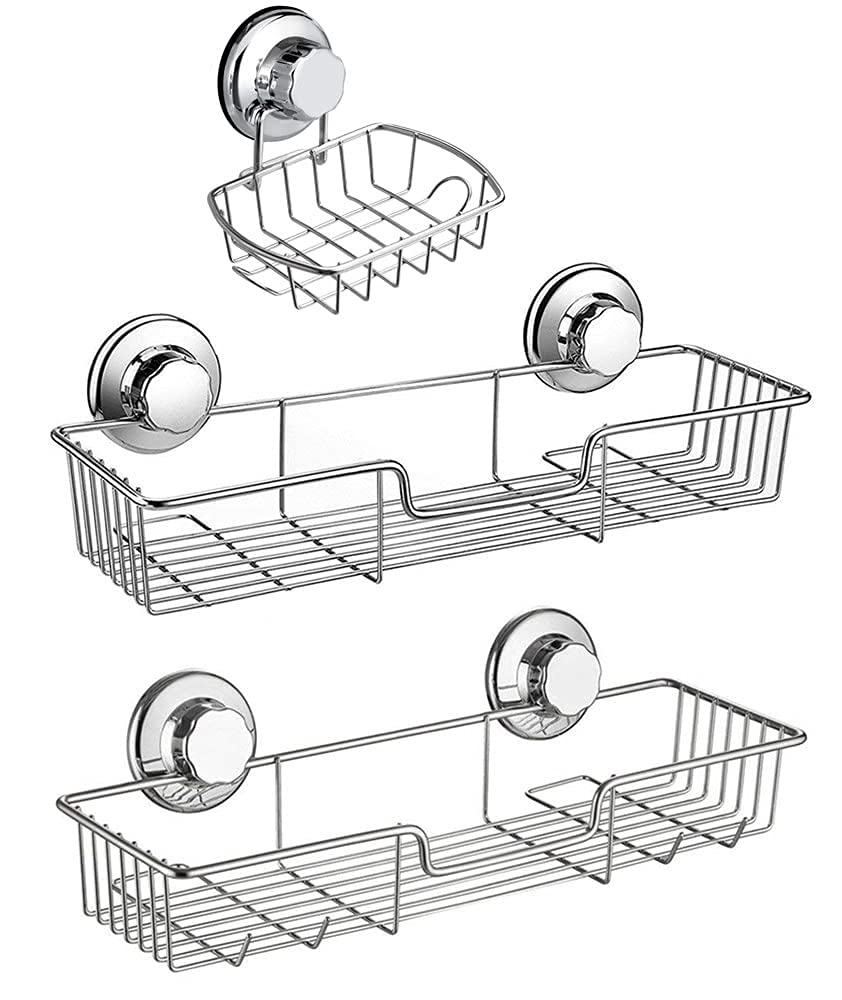SANNO Heavy Duty Suction Cup Shower Caddy - Rustproof Bathroom Organizer with Deep Storage Basket for Shampoo, Soap & Toiletries - Perfect for Small Bathrooms, Apartments & Dorm Showers