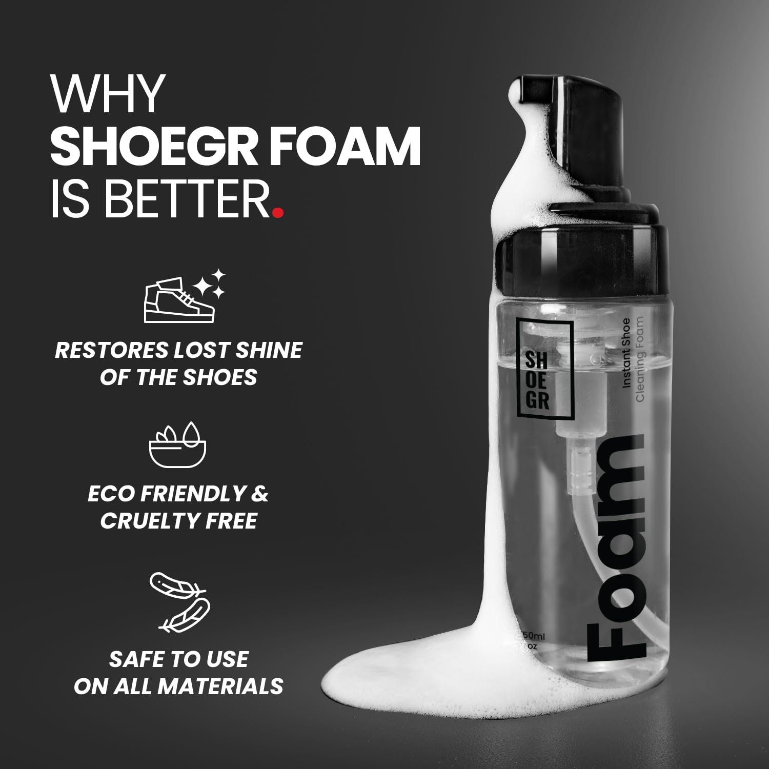 SHOEGR Instant Shoe Cleaning Kit - 150ml Foam Cleaner & All-Purpose Brush for Sneakers, Sports Shoes, Suede & Rubber | White Shoe Care Kit with Foam Spray | Perfect for Gym, Running, Basketball & Everyday Use