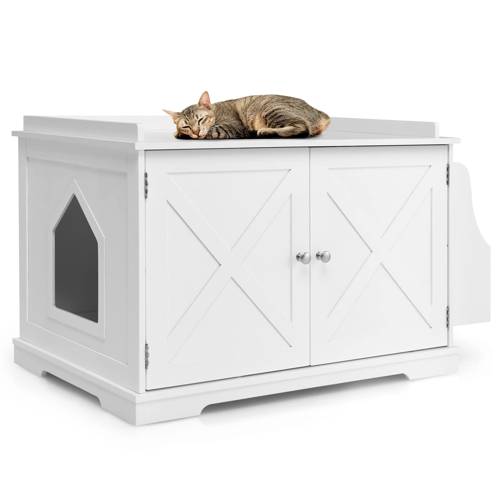 Tangkula Wooden Cat Litter Box Enclosure Furniture - Hidden Cat Washroom with Removable Divider & Reversible Entrance - Multi-Functional Cat House Side Table with Magazine Rack - Perfect for Living Room, Bedroom or Office (White)