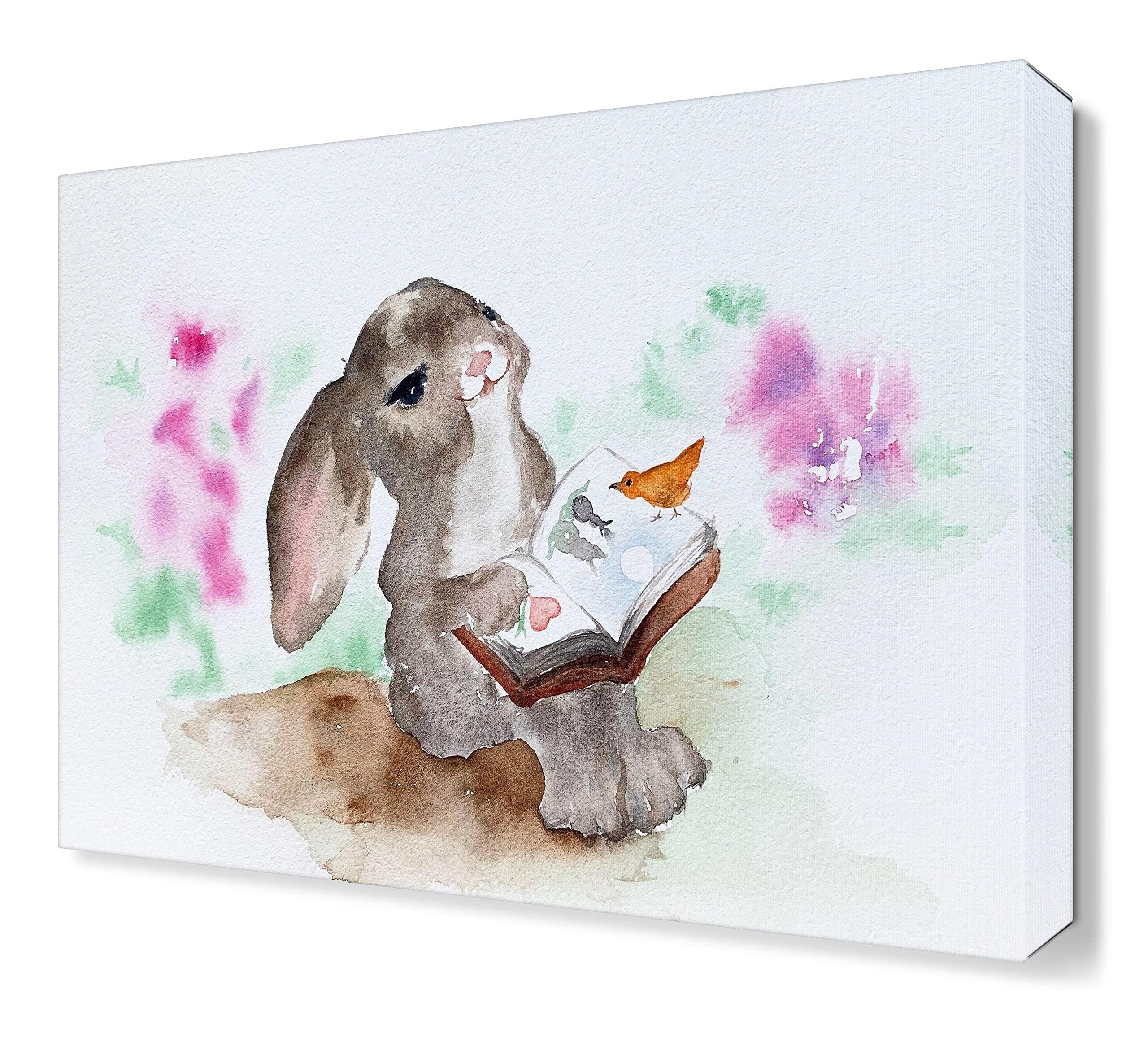 Rabbit Reading a Book Watercolor Canvas Wall Art - Modern Framed Painting for Bathroom, Bedroom, Office & Kitchen Decor - 60x90cm (24x35in) - Perfect for Nursery, Living Room & Gift Giving