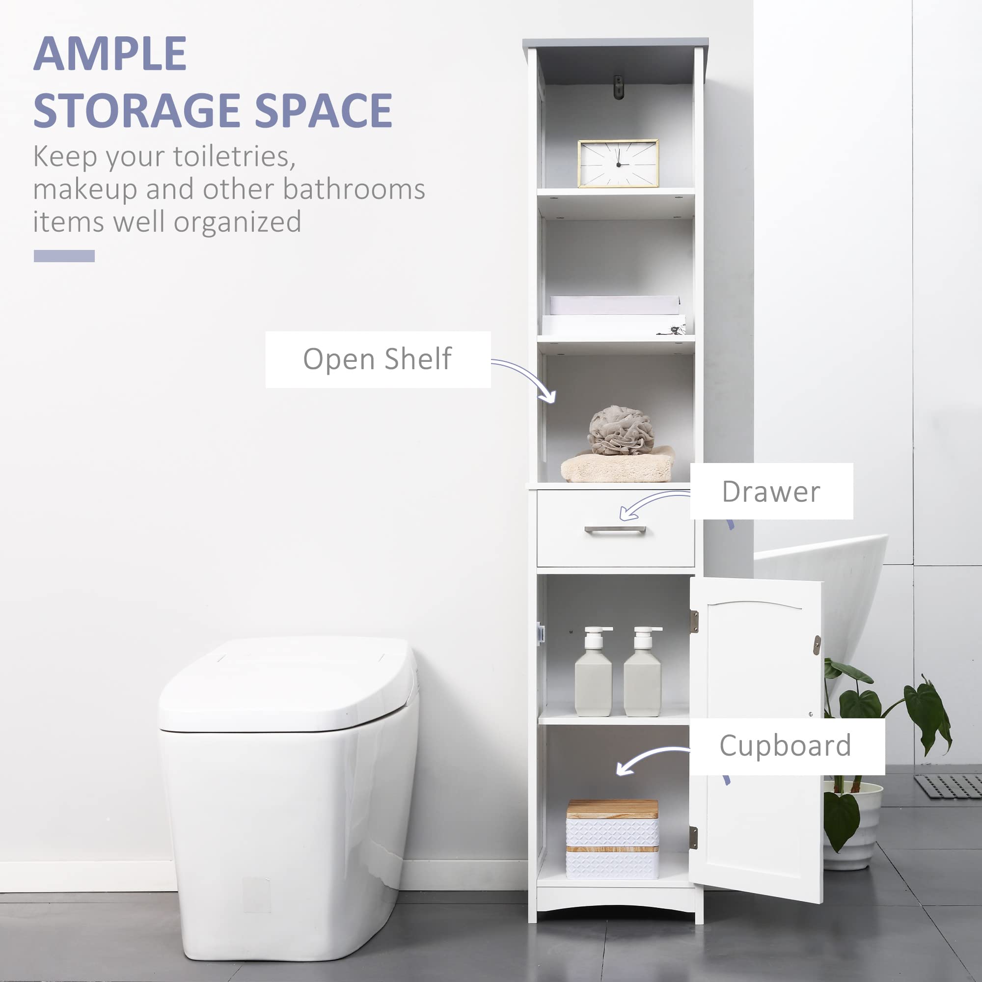 Kleankin 3-Tier Tall Bathroom Storage Cabinet with Adjustable Shelves & Drawer - Slim Freestanding Linen Tower for Bathroom Organization - White - Perfect for Small Spaces, Apartment Bathrooms & Closet Storage