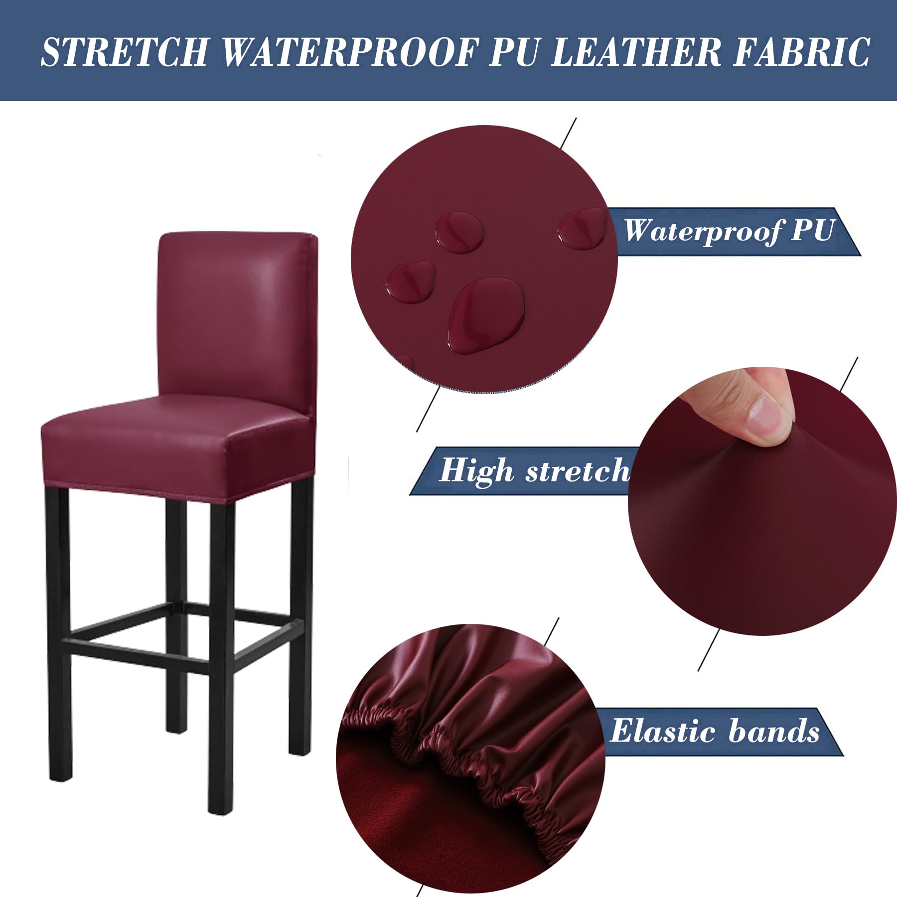 4 Pack Stretch Waterproof PU Bar Stool Covers with Backs - Removable Elastic Slipcovers for Pub, Counter & Kitchen Chairs - Durable Red Seat Covers for Home, Restaurant & Outdoor Use