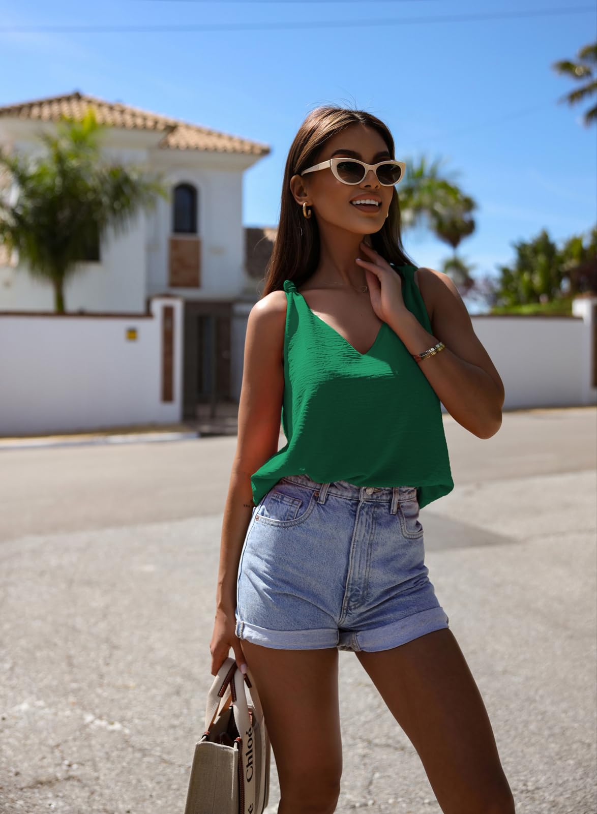 Women's Casual V-Neck Knotted Detail Sleeveless Tank Tops - Stylish Summer Blouses & Shirts for Everyday Wear, Outings, and Beach Vacations