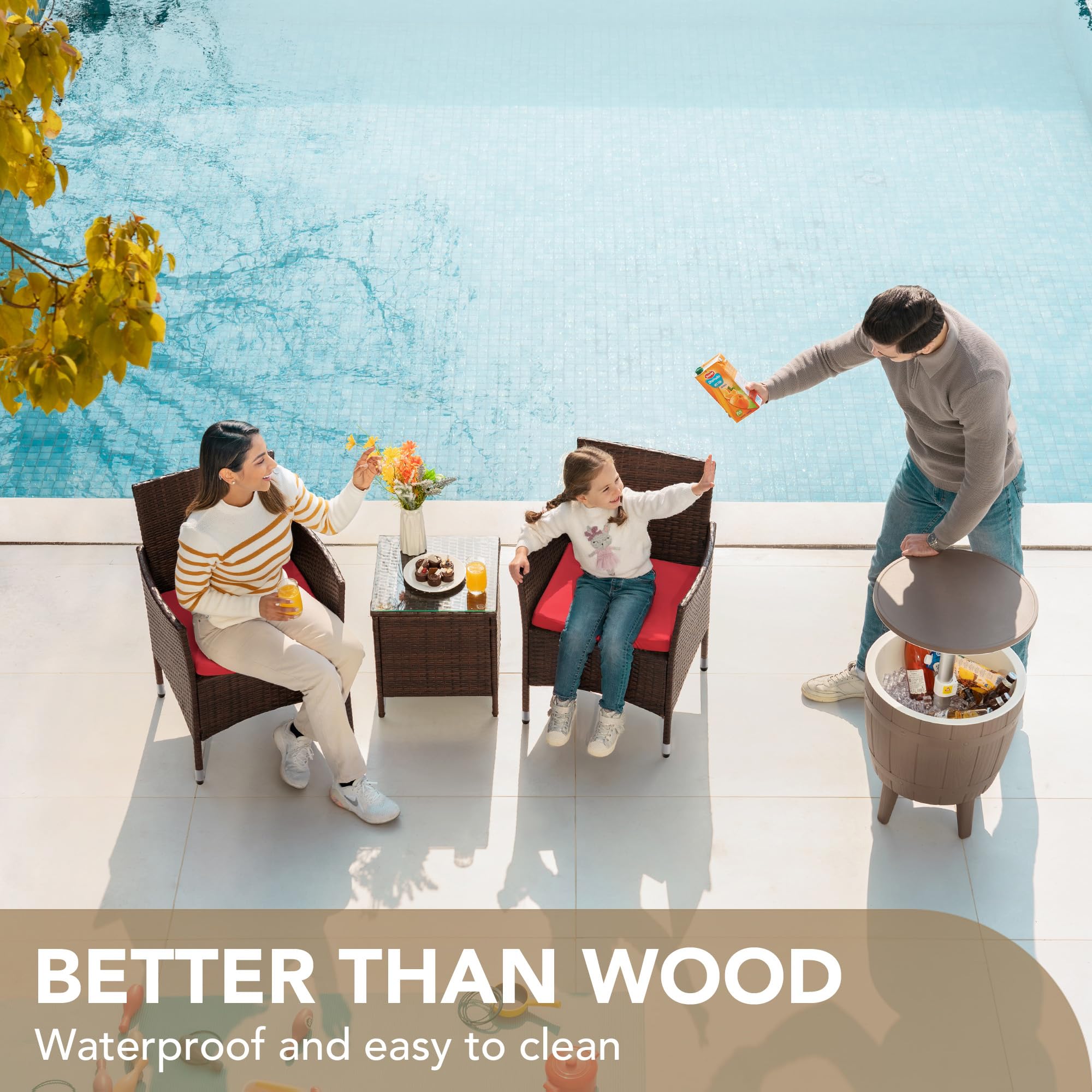 Devoko 3-Piece PE Rattan Wicker Patio Furniture Set - Outdoor Garden Chairs with Table in Brown/Red - Perfect for Porch, Backyard, Poolside & Terrace Relaxation