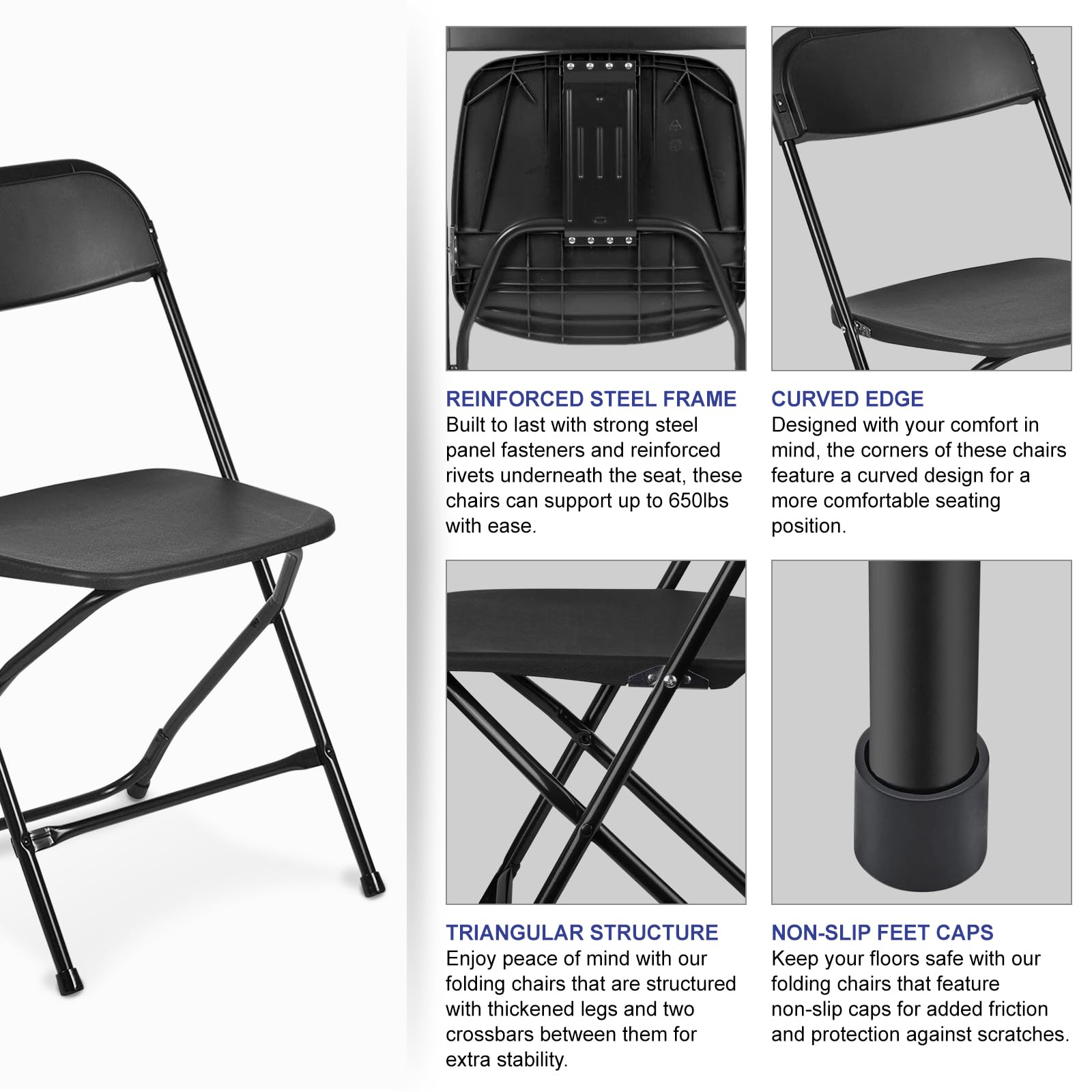 AJP Distributors 10-Pack Folding Chairs - Heavy Duty 650 lb Capacity, Stackable & Portable Event Chairs with Back Support for Indoor/Outdoor Use - Perfect for Weddings, Parties, Office Meetings, Picnics, Patio Dining & Garden Gatherings (Black)
