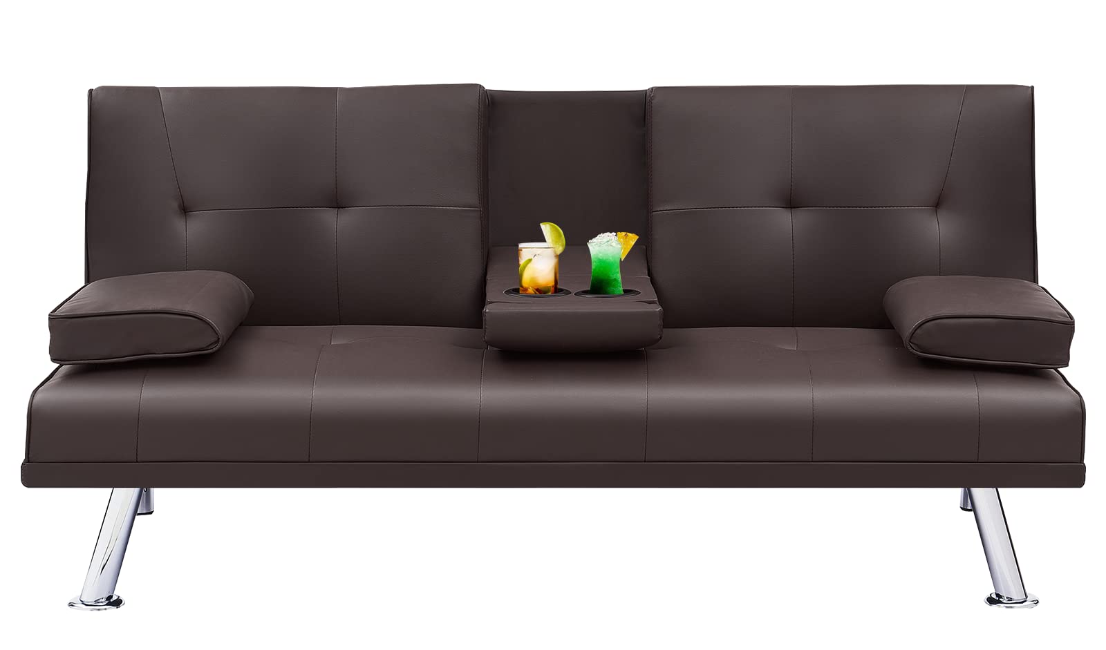 Modern Faux Leather Futon Sofa Bed - Convertible Recliner Couch with Cup Holders & Metal Legs - Brown Leather Sleeper Sofa for Small Spaces, Guest Room & Apartment Living