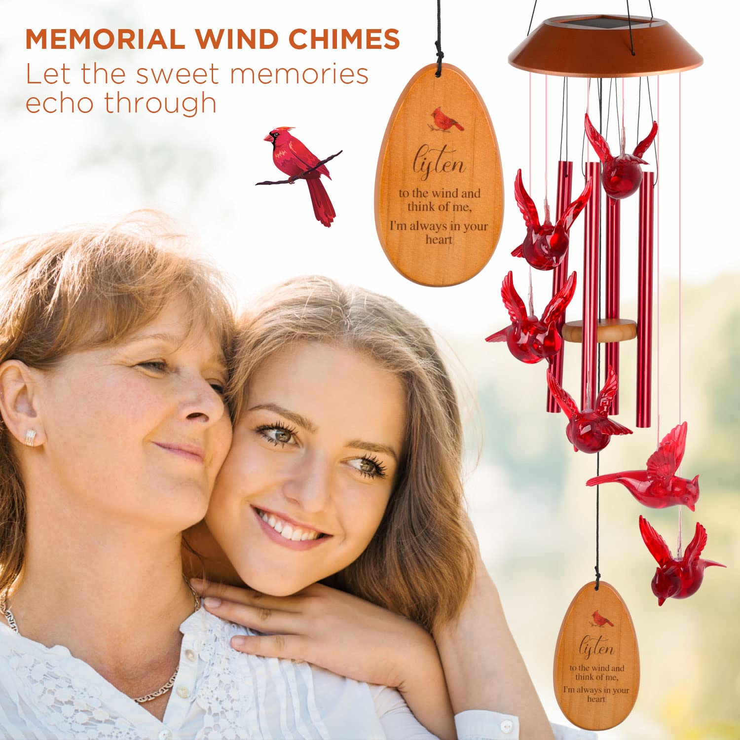 Cardinal Wind Chimes - Handcrafted Outdoor Decor with Red Bird Design | Perfect Mother's Day Gift, Birthday Present for Women & Grandma | Ideal Gardening, Memorial & Sympathy Gift | Creates Soothing Sounds for Porch, Garden & Patio