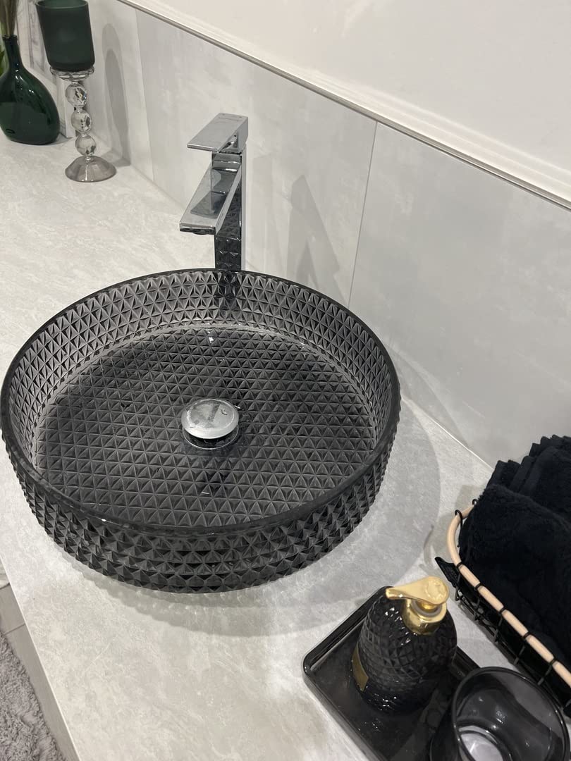 Lovedima Black Glass Vessel Sink - Modern Above Counter Bathroom Vanity Wash Basin for Contemporary Home Decor | Perfect for Master Bath, Powder Room, and Guest Bathroom Renovations