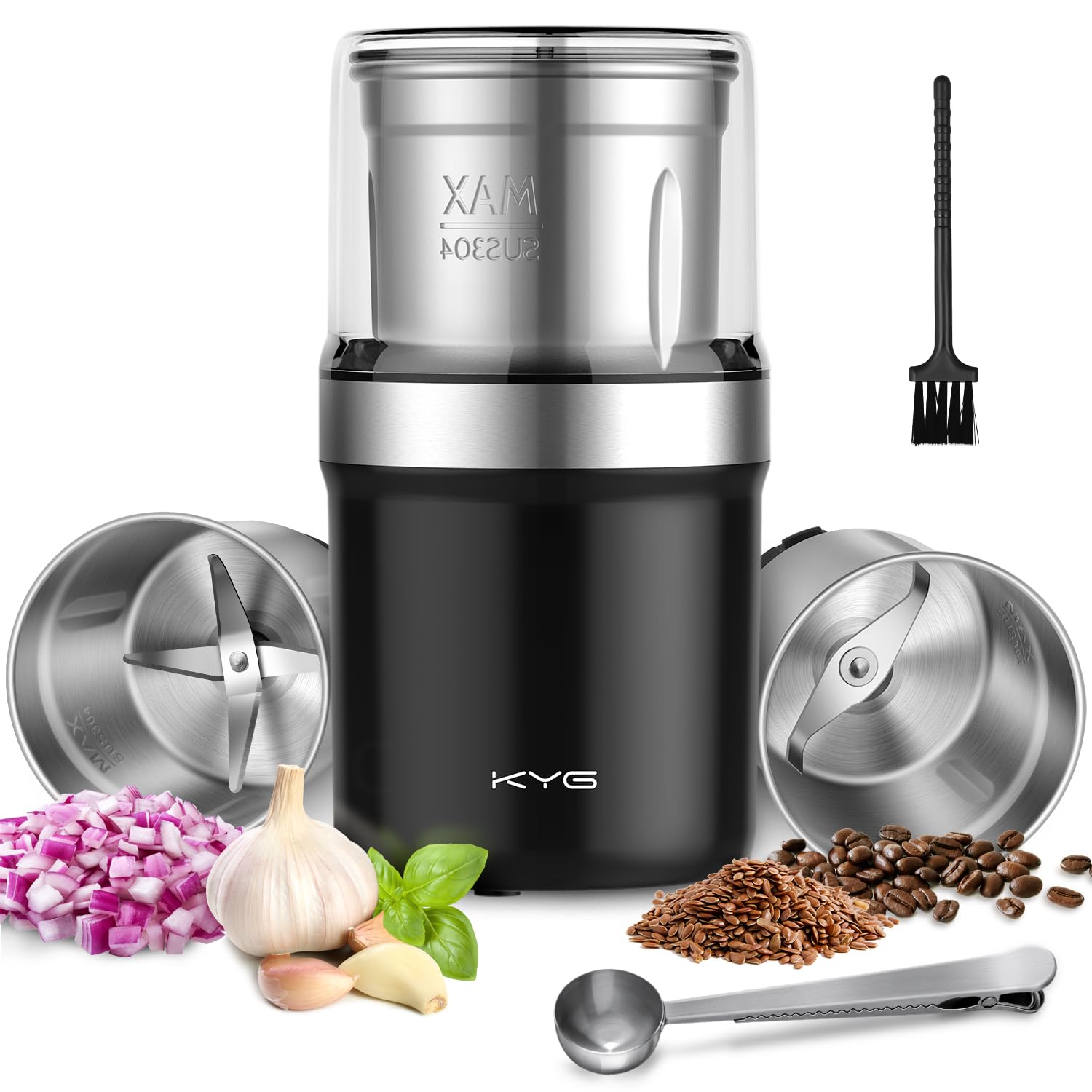 KYG 300W Electric Coffee Grinder - Stainless Steel Blades for Flax Seeds, Peppercorns, Spices & Coffee Beans, 2 Removable Bowls (Wet/Dry Grinding) - Perfect for Kitchen, Camping & Home Brewing