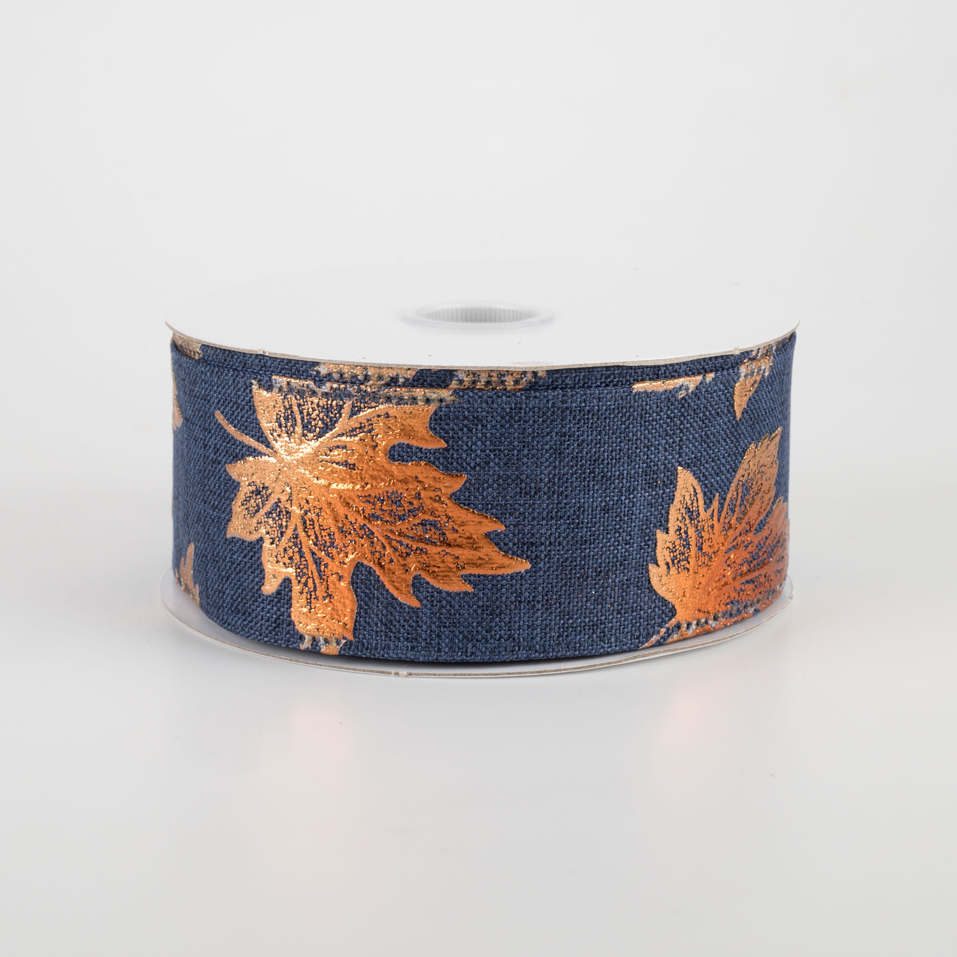 1.5 Inch Navy Blue Linen Ribbon with Rust Embossed Fall Leaves - 10 Yards Bulk Roll for Autumn Crafts, Gift Wrapping, Wedding Decorations and Seasonal DIY Projects