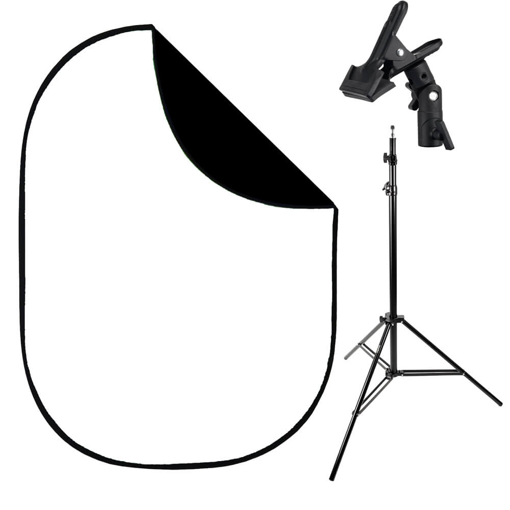 1.5x2m Black/White Collapsible Photography Backdrop with Stand & Clamp Kit - Perfect for Portrait, Product, and YouTube Video Shooting