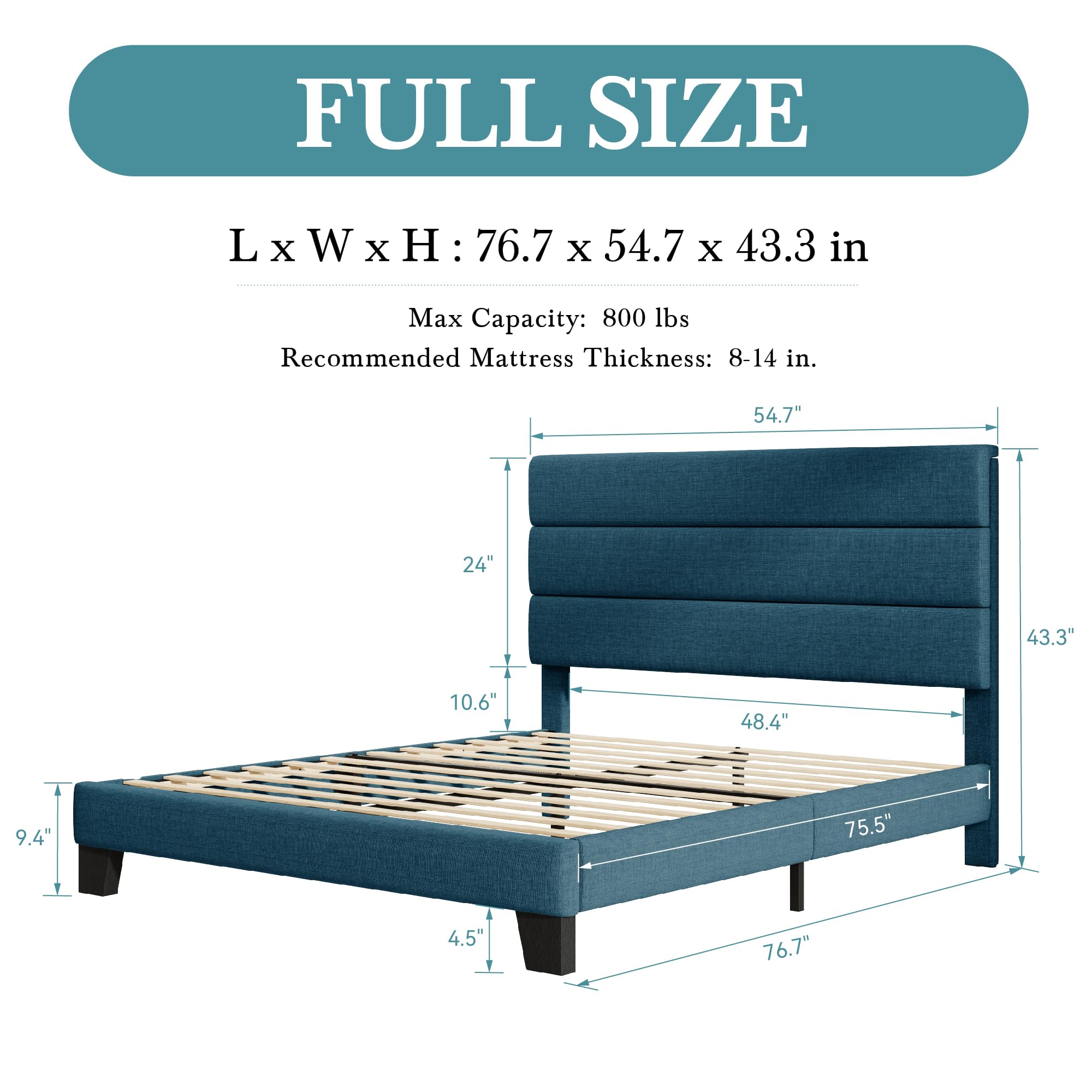 HOOMIC Full Size Bed Frame with Headboard - Upholstered Fabric Platform Bed with Wood Slat Support, No Box Spring Needed, Navy Blue - Perfect for Master Bedroom, Guest Room & Small Space