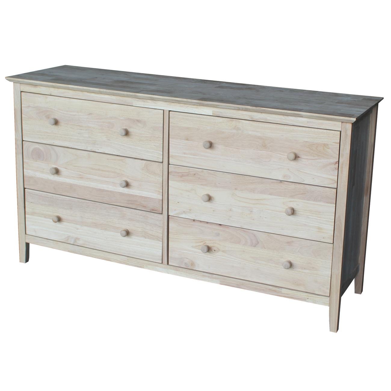 Unfinished 6-Drawer Dresser by International Concepts - Solid Wood Storage for Bedroom, Living Room & Office Organization