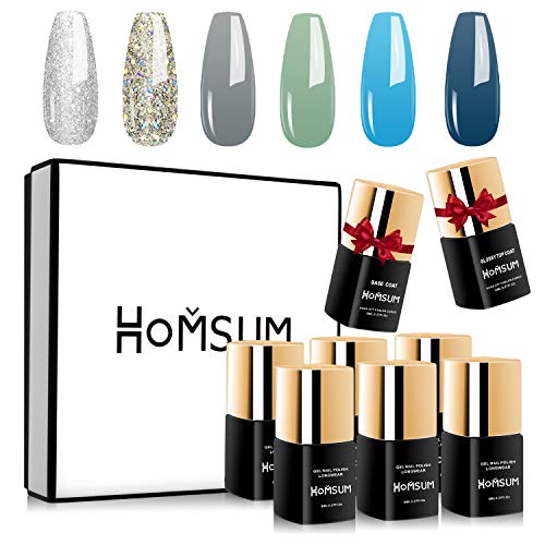 HOMSUM Navy Blue Silver Glitter Gel Nail Polish Set - UV LED Soak Off No Wipe Base & Glossy Top Coat - 8ML Nail Art Manicure Kit Gift for Women | Perfect for Home Salon, DIY Manicure & Party Nail Designs