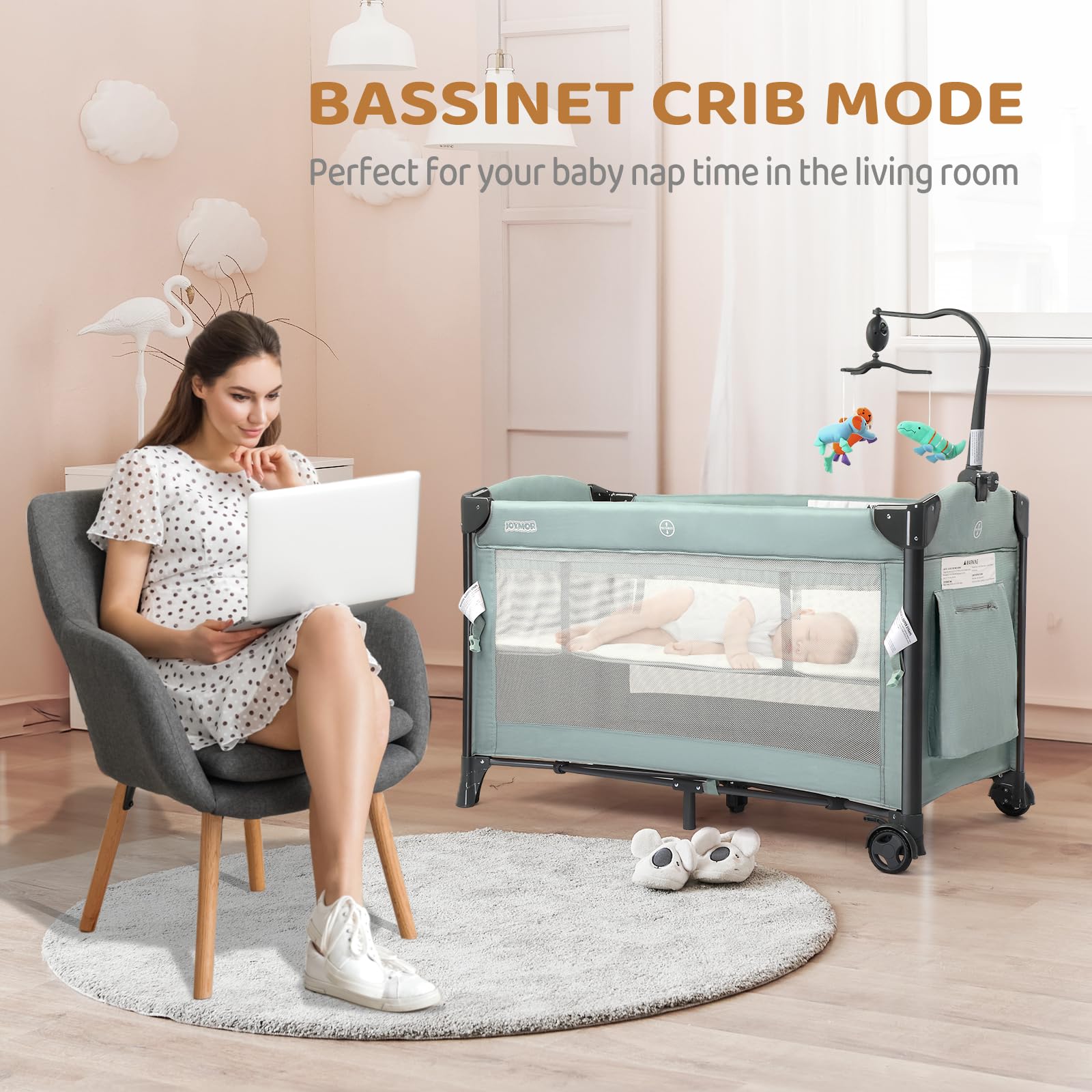 JOYMOR 3-in-1 Baby Bedside Bassinet & Sleeper with Mattress - Convertible to Playpen & Portable Travel Crib | Includes Toy, Wheels, Brake & Carry Bag | Perfect for Newborns, Nursery & On-the-Go Parents
