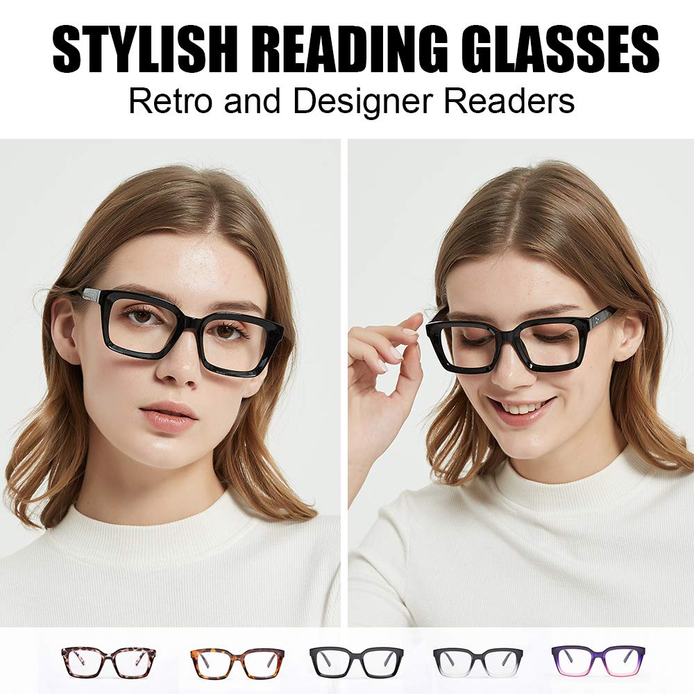 JiSoo Blue Light Blocking Reading Glasses for Women & Men - Large Frame 1.0 Strength Fashion Readers (Black) - Reduce Eye Strain for Computer Work, Gaming & Night Reading