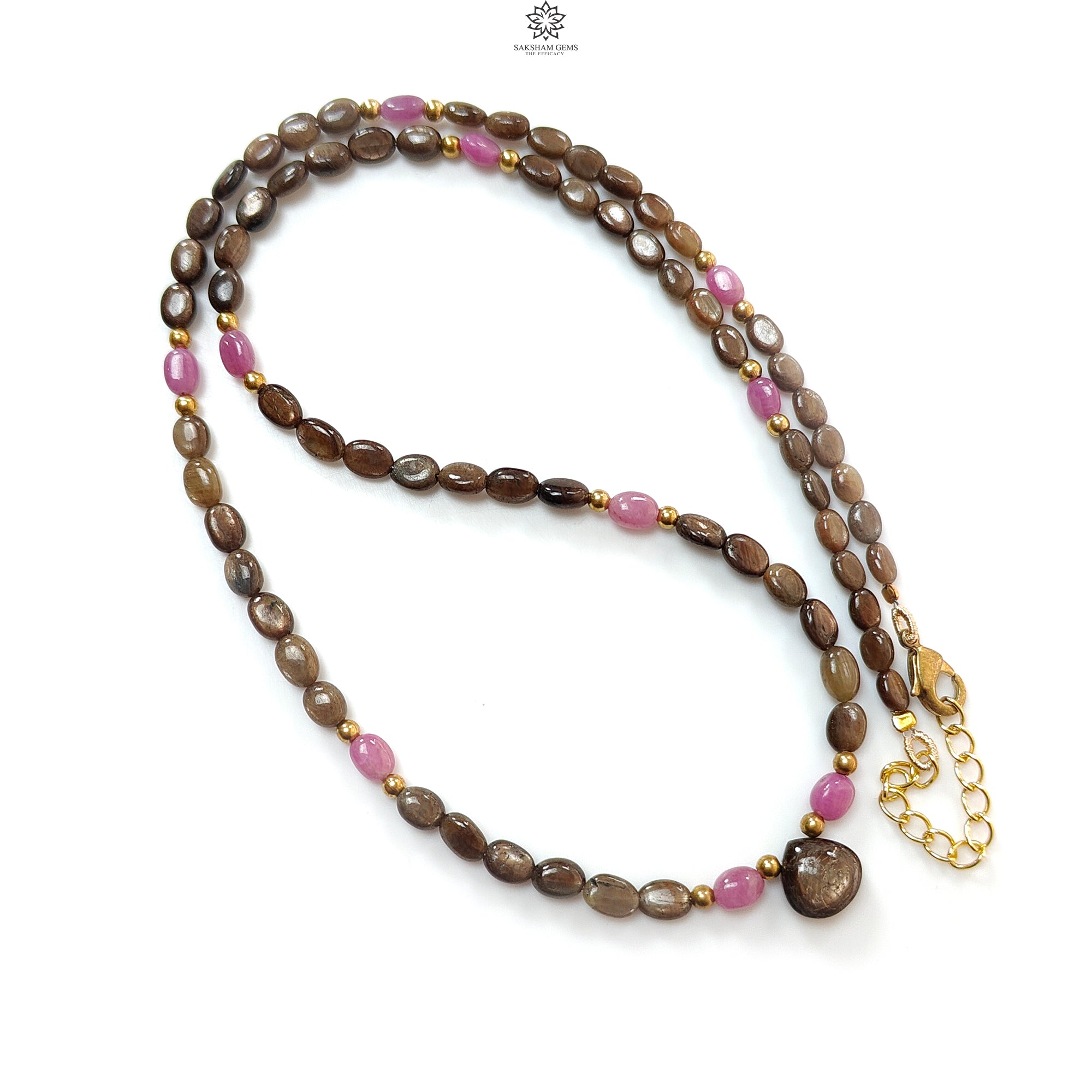 Golden & Pink Sapphire Oval Plain Brass Necklace - 18.04gms, 5x4mm, 7x5mm, 10mm (Approx 21
