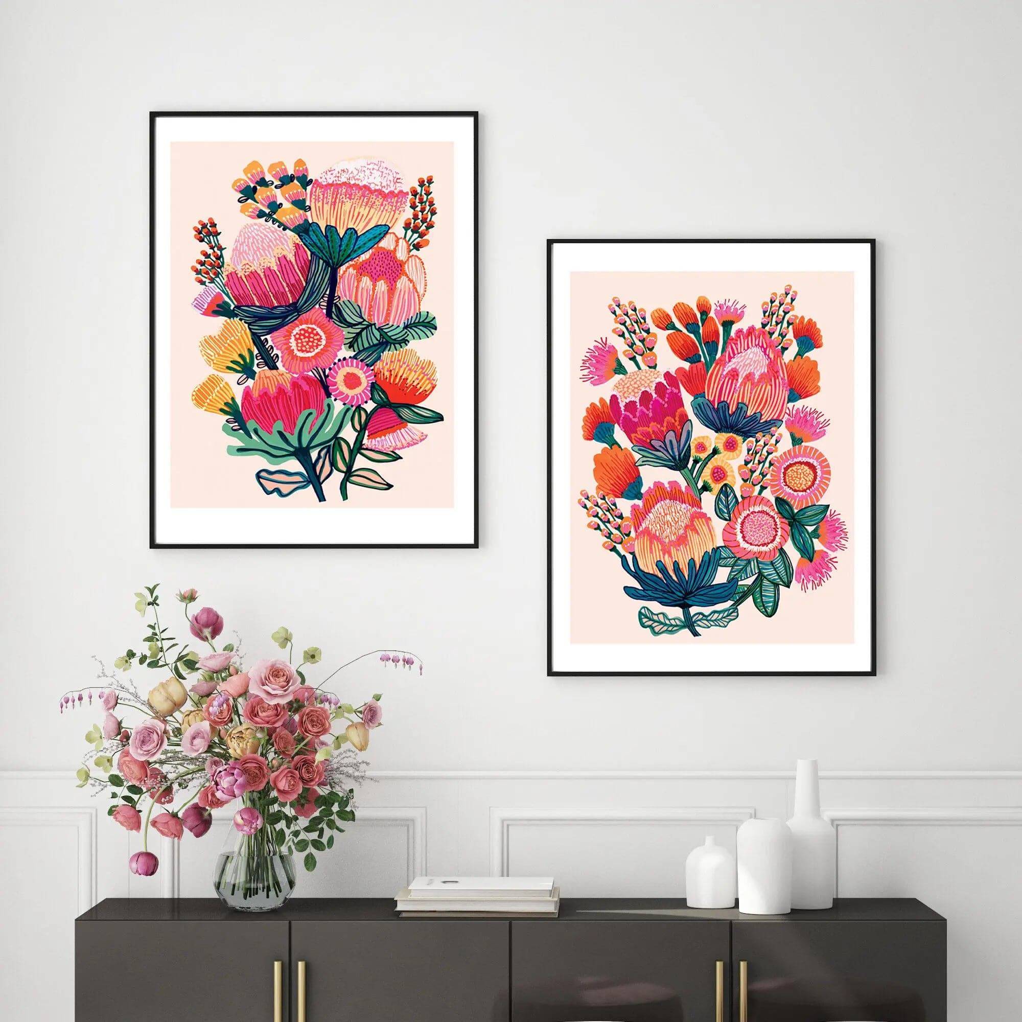 Australian Native Flowers Wall Art Prints - Set of 3 Framed Botanical Paintings for Living Room, Bedroom & Office Decor