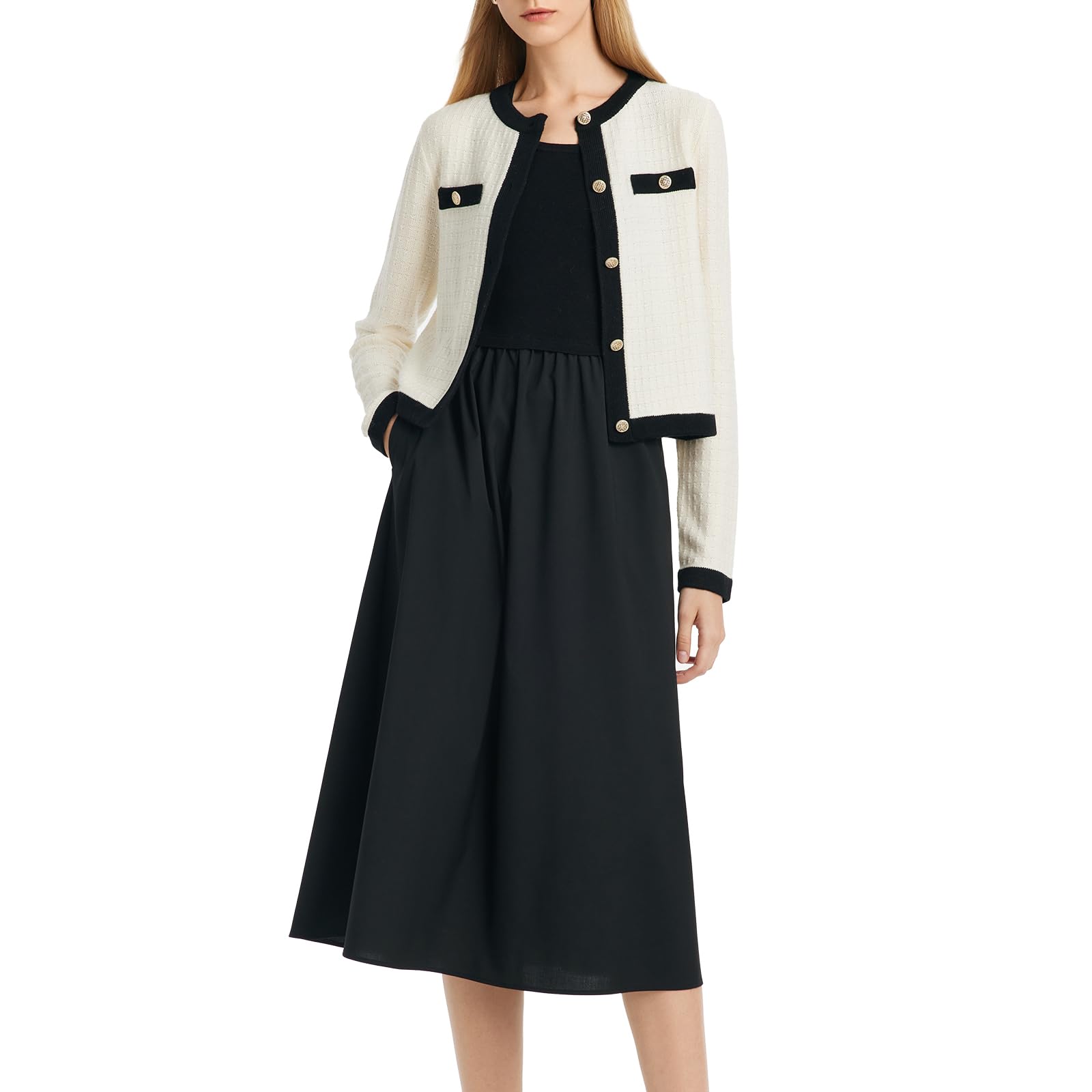 Women's 2-Piece Sweater Knit Outfit Set - Long Sleeve Cropped Cardigan & Dress with Pockets | Spring Casual Wear, Office Outfits & Date Night Looks