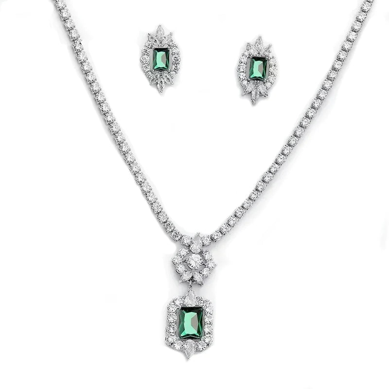 Emerald Green Crystal Necklace & Earring Set - Elegant Wedding Jewelry for Brides, Bridesmaids & Formal Events - 9173