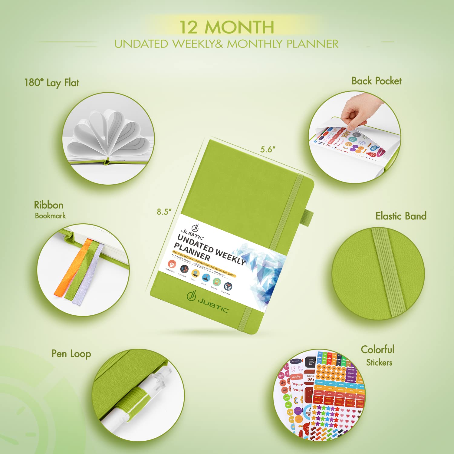 JUBTIC Undated Planner 2025 - Weekly & Monthly Productivity Planner with Stickers, Appointment Book for Time Management, Goal Setting & Work Organization (Light Green) | Perfect for Students, Professionals & Busy Moms