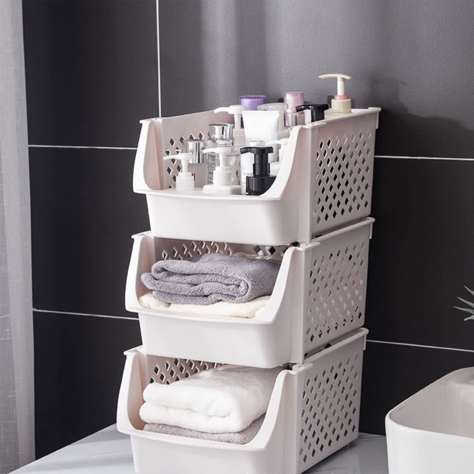 YOUEON 4-Pack Stackable Open Front Storage Bins - Plastic Organizer Containers for Food, Snacks, Toys & Toiletries - Multi-Use for Kitchen, Bathroom, Pantry Organization (Beige) | Perfect for Home, Office & Kids Room Storage Solutions