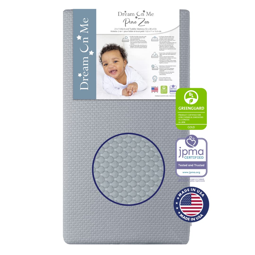 Dream On Me 2-in-1 Convertible Crib Mattress & Toddler Bed - GREENGUARD Gold & JPMA Certified - Copper-Infused Layer - Removable Washable Cover - Pure Zen White & Grey - Perfect for Nursery & Daycare Use