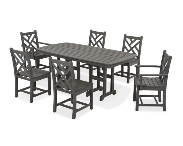 Polywood Chippendale 7-Piece Outdoor Dining Set - All-Weather Wicker Patio Furniture for Backyard, Poolside & Garden - Classic White Dining Table with 6 Chairs