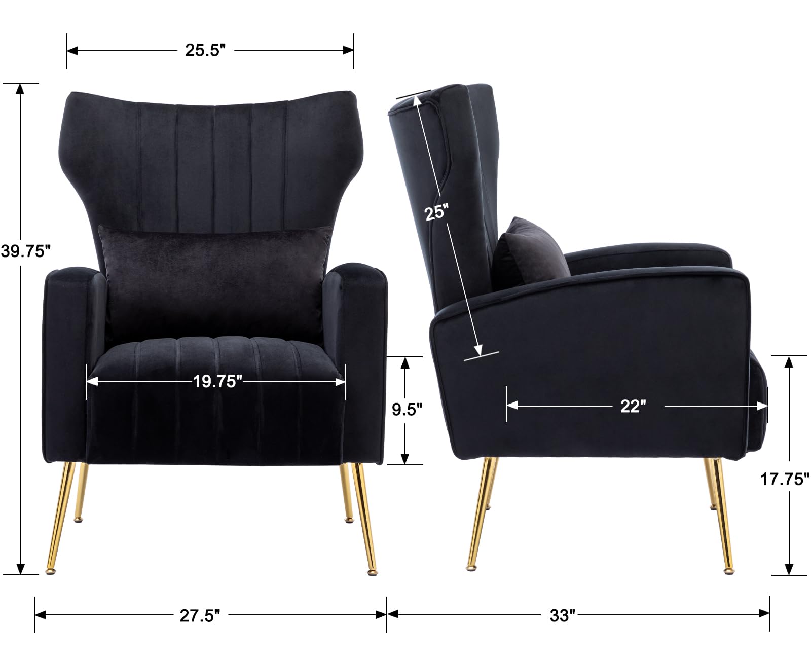 Kmax Velvet Accent Chair - Mid-Century Modern Armchair with Gold Metal Legs & Wingback Design, Includes Soft Pillow (Set of 2, Black) - Perfect for Bedroom Seating, Living Room Decor, Vanity Area & Cozy Reading Nook