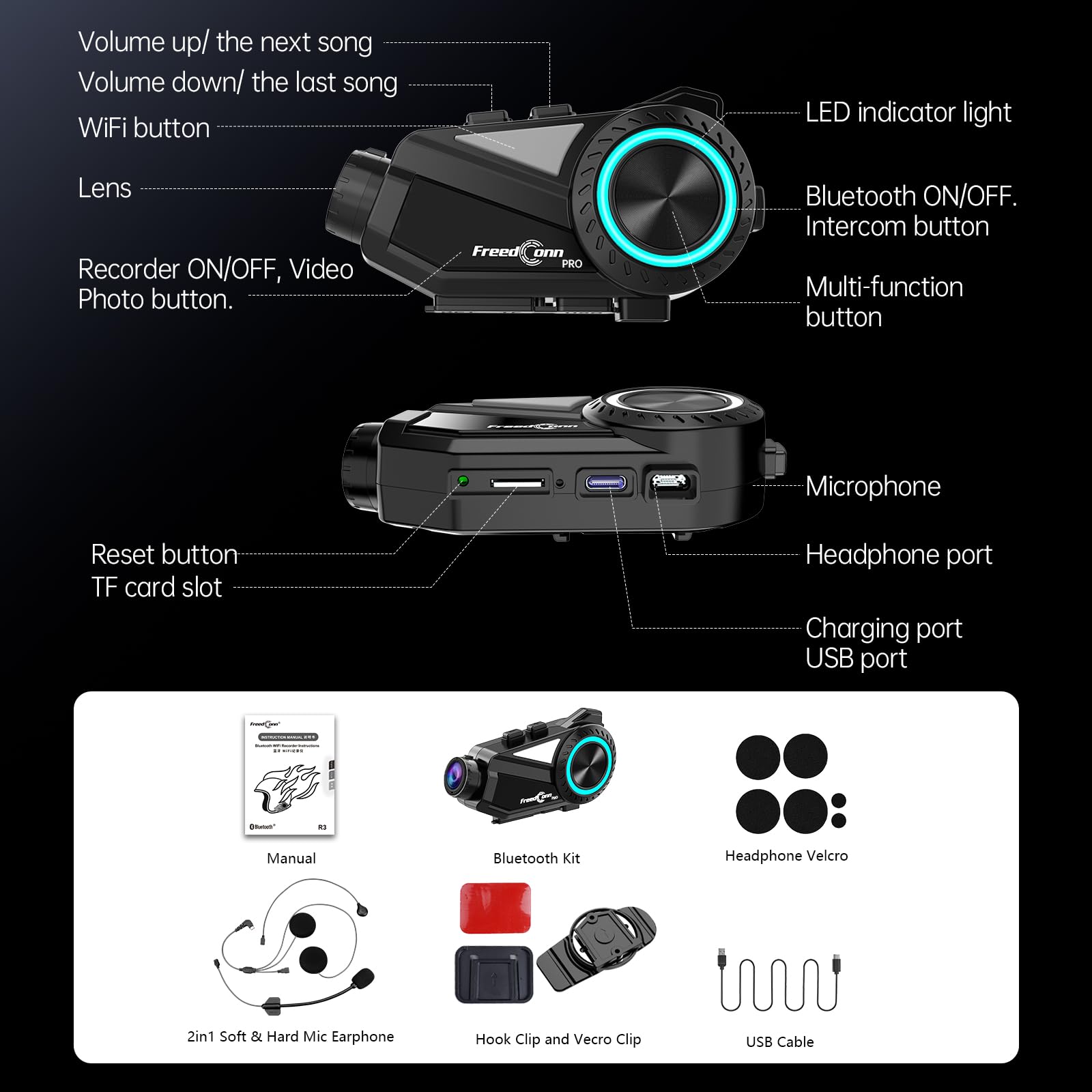 FreedConn Motorcycle Bluetooth Headset with 2K Camera - 360° HD Video, 6-Way Intercom, 1500M Range, IP65 Waterproof, 128GB TF Card - Perfect for Group Rides, Vlogging & Adventure Motorcycling