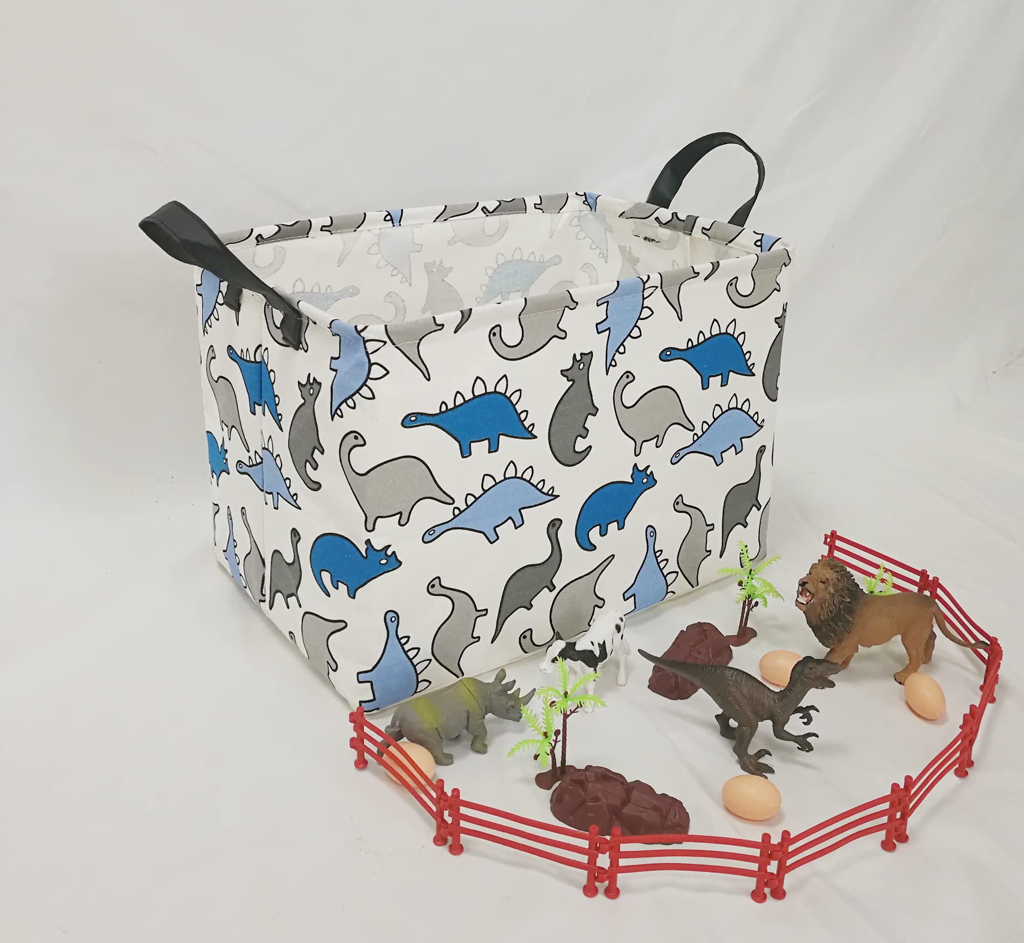 Waterproof Canvas Storage Bin with Handles - Rectangular Toy Box, Nursery Hamper & Organizer for Home & Office - Perfect for Clothes, Books & Toys (Blue Dinosaur Design) | Ideal for Kids' Rooms, Playrooms & Closet Organization